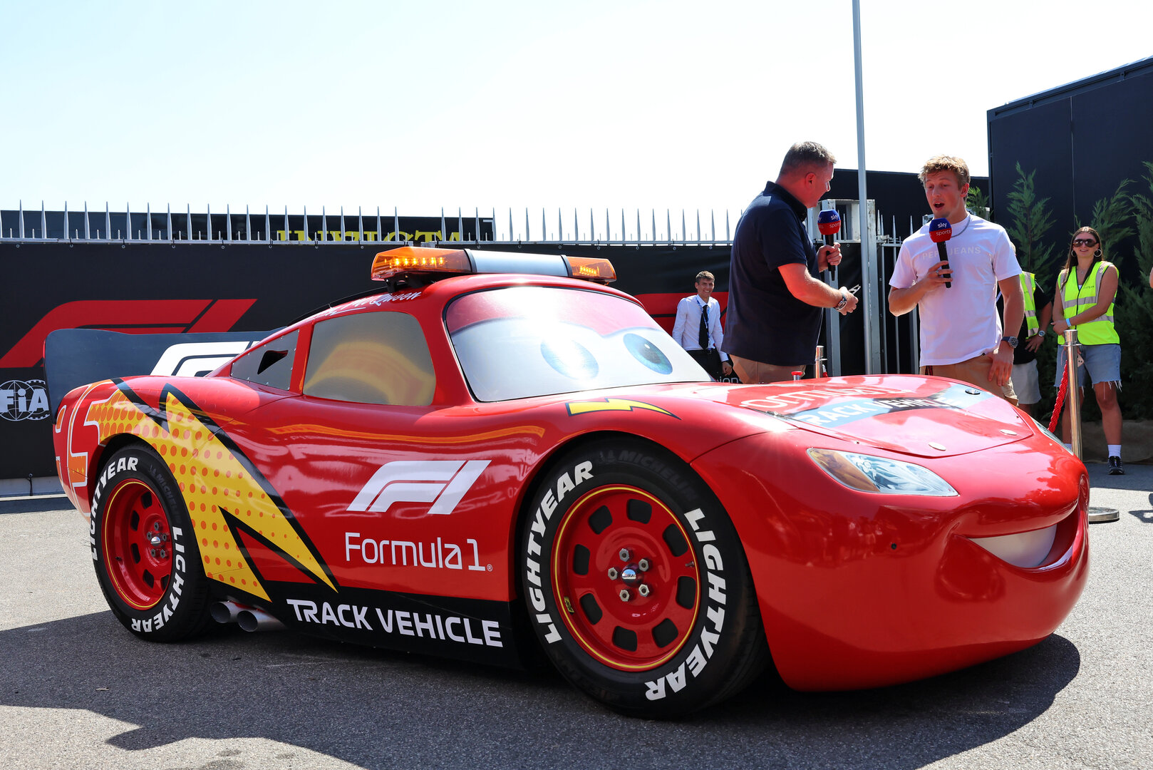 GP ITALIA, (L to R): Lightning McQueen (USA) Stock Car with David Croft (GBR) Sky Sports F1 Commentator e Liam Lawson (NZL) Red Bull Racing.
03.09.2026. Formula 1 World Championship, Rd 13, Italian Grand Prix, Monza, Italy, Preparation Day.
- www.xpbimages.com, EMail: requests@xpbimages.com © Copyright: Rew / XPB Images