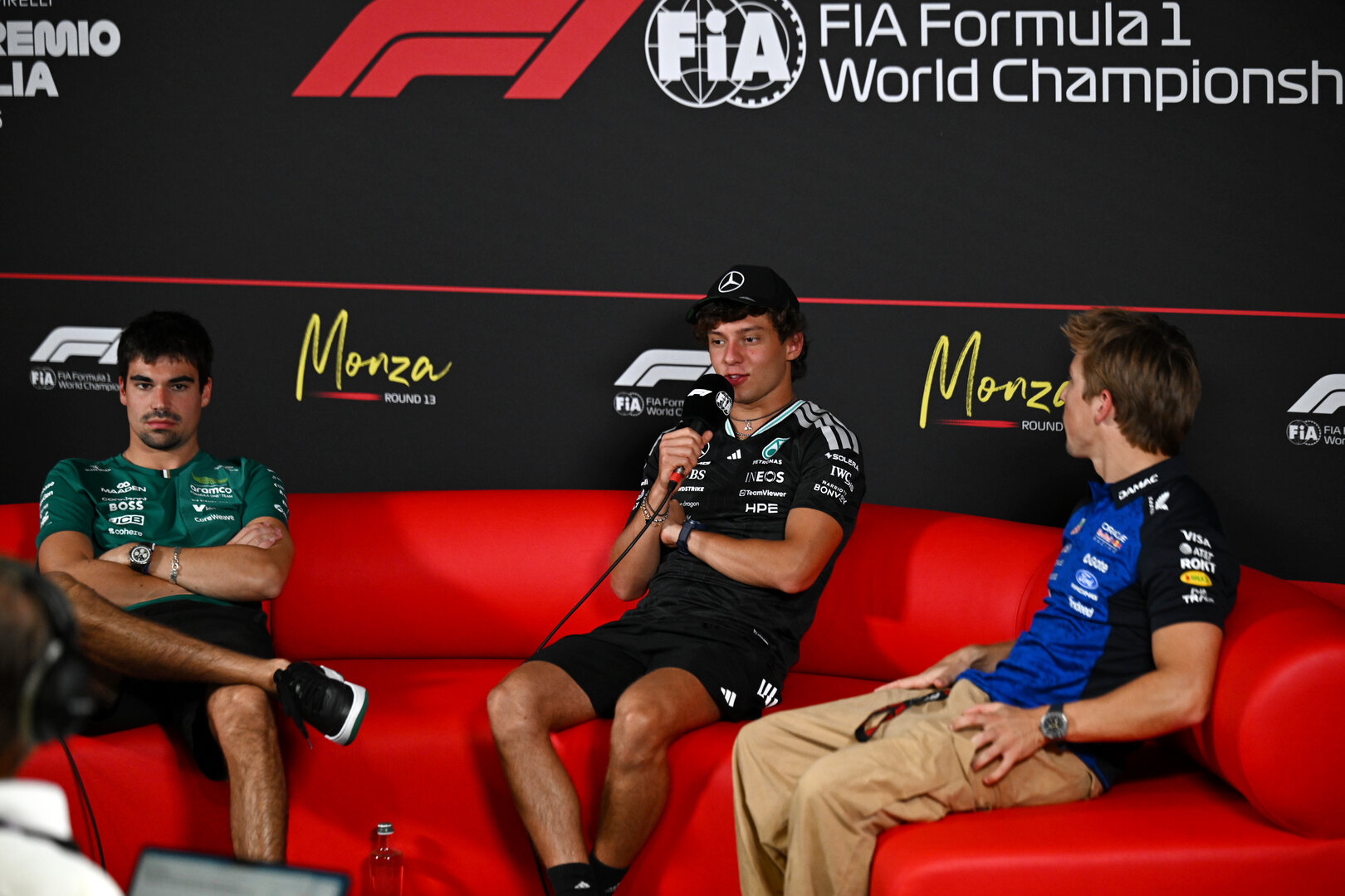 GP ITALIA, (L to R): Lance Stroll (CDN) Aston Martin F1 Team; Andrea Kimi Antonelli (ITA) Mercedes AMG Formula One Team; e Liam Lawson (NZL) Red Bull Racing, in the FIA Press Conference.
03.09.2026. Formula 1 World Championship, Rd 13, Italian Grand Prix, Monza, Italy, Preparation Day.
- www.xpbimages.com, EMail: requests@xpbimages.com © Copyright: Price / XPB Images