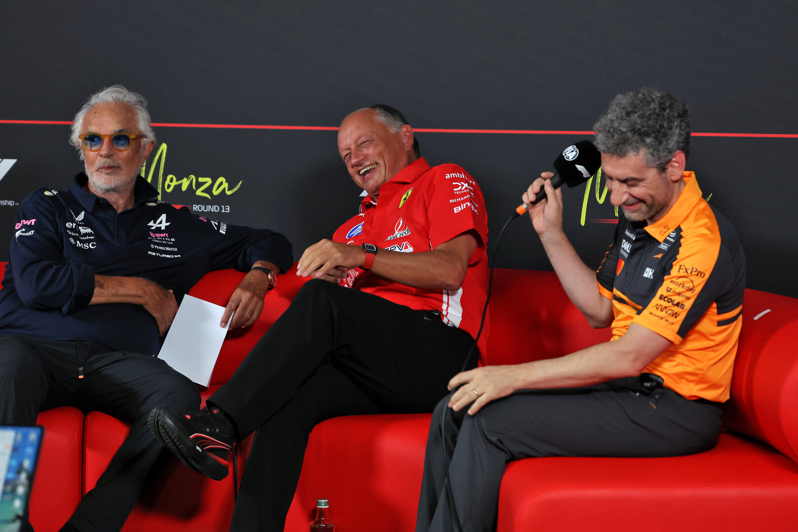 GP ITALIA, (L to R): Flavio Briatore (ITA) Alpine F1 Team Executive Advisor; Frederic Vasseur (FRA) Ferrari Team Principal; e Andrea Stella (ITA) McLaren F1 Team Team Principal, in the FIA Press Conference.
04.09.2026. Formula 1 World Championship, Rd 13, Italian Grand Prix, Monza, Italy, Practice Day.
 - www.xpbimages.com, EMail: requests@xpbimages.com © Copyright:  Rew / XPB Images