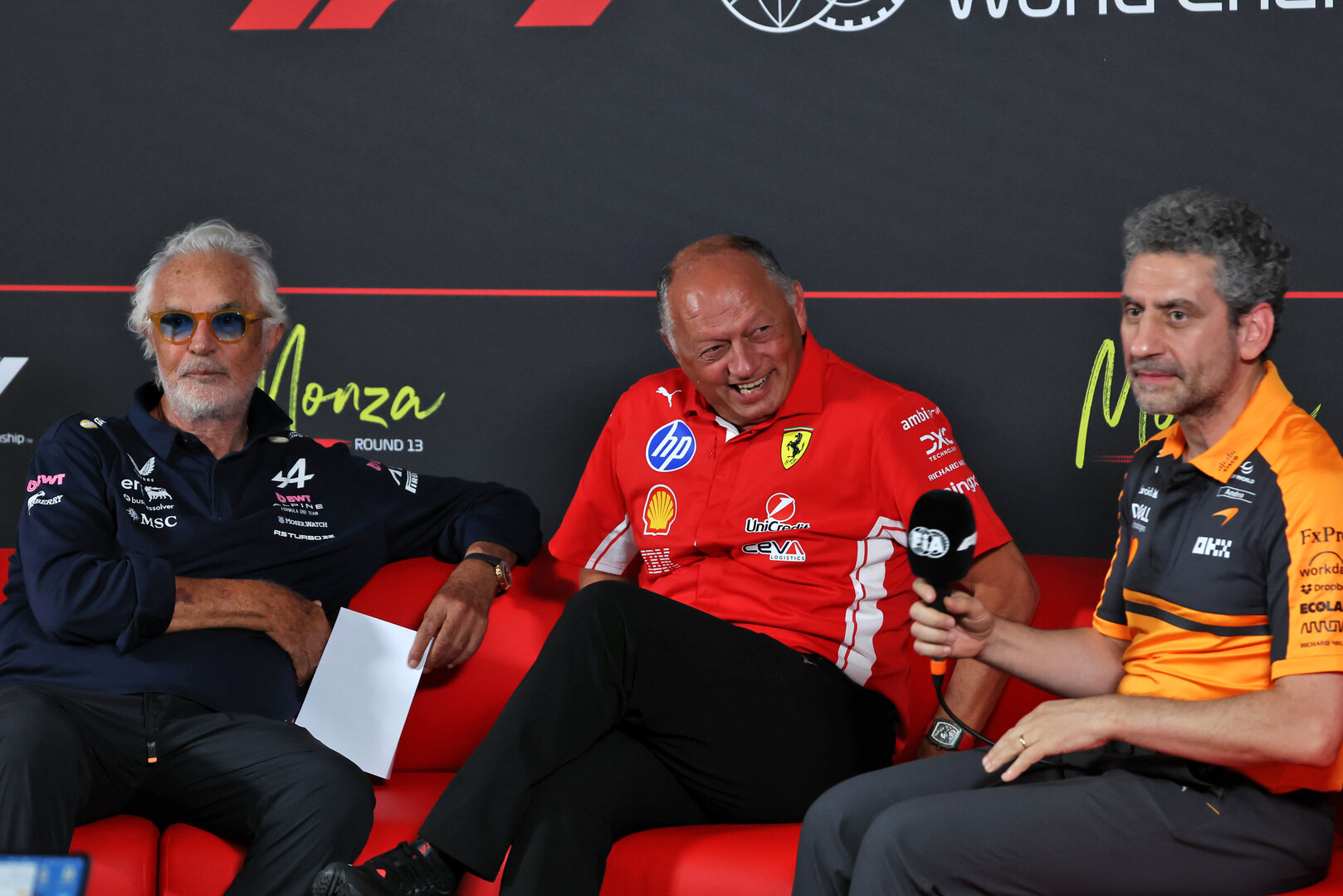 GP ITALIA, (L to R): Flavio Briatore (ITA) Alpine F1 Team Executive Advisor; Frederic Vasseur (FRA) Ferrari Team Principal; e Andrea Stella (ITA) McLaren F1 Team Team Principal, in the FIA Press Conference.
04.09.2026. Formula 1 World Championship, Rd 13, Italian Grand Prix, Monza, Italy, Practice Day.
 - www.xpbimages.com, EMail: requests@xpbimages.com © Copyright:  Rew / XPB Images