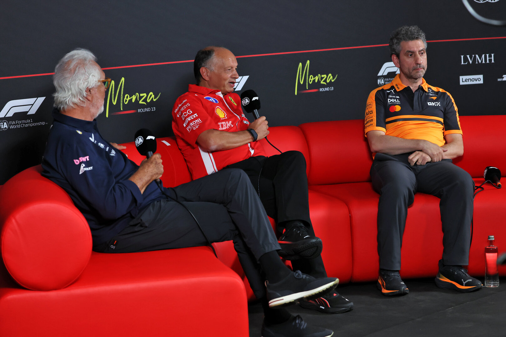 GP ITALIA, (L to R): Flavio Briatore (ITA) Alpine F1 Team Executive Advisor; Frederic Vasseur (FRA) Ferrari Team Principal; e Andrea Stella (ITA) McLaren F1 Team Team Principal, in the FIA Press Conference.
04.09.2026. Formula 1 World Championship, Rd 13, Italian Grand Prix, Monza, Italy, Practice Day.
 - www.xpbimages.com, EMail: requests@xpbimages.com © Copyright:  Rew / XPB Images