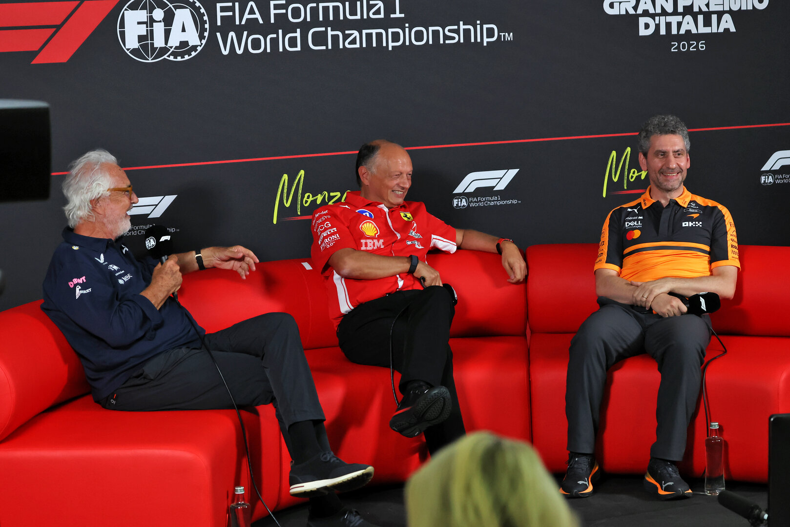 GP ITALIA, (L to R): Flavio Briatore (ITA) Alpine F1 Team Executive Advisor; Frederic Vasseur (FRA) Ferrari Team Principal; e Andrea Stella (ITA) McLaren F1 Team Team Principal, in the FIA Press Conference.
04.09.2026. Formula 1 World Championship, Rd 13, Italian Grand Prix, Monza, Italy, Practice Day.
 - www.xpbimages.com, EMail: requests@xpbimages.com © Copyright:  Rew / XPB Images