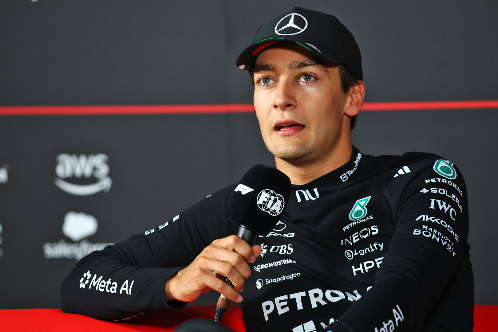 GP ITALIA, George Russell (GBR) Mercedes AMG Formula One Team in the post qualifying FIA Press Conference.
05.09.2026. Formula 1 World Championship, Rd 13, Italian Grand Prix, Monza, Italy, Qualifiche Day.
- www.xpbimages.com, EMail: requests@xpbimages.com © Copyright: Bearne / XPB Images