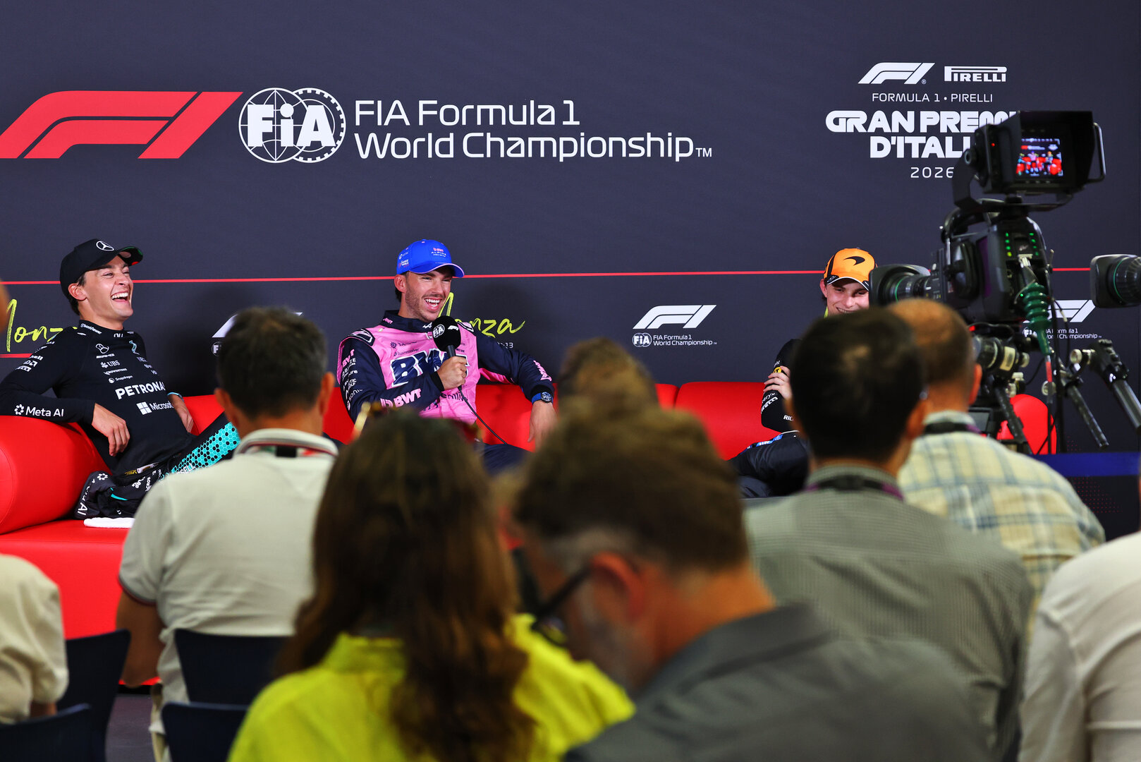 GP ITALIA, (L to R): George Russell (GBR) Mercedes AMG Formula One Team; Pierre Gasly (FRA) Alpine F1 Team; e Oscar Piastri (AUS) McLaren F1 Team, in the post qualifying FIA Press Conference.
05.09.2026. Formula 1 World Championship, Rd 13, Italian Grand Prix, Monza, Italy, Qualifiche Day.
- www.xpbimages.com, EMail: requests@xpbimages.com © Copyright: Bearne / XPB Images