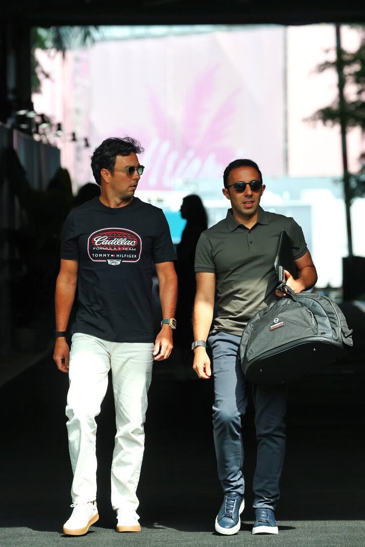 GP MIAMI, (L to R): Sergio Perez (MEX) Cadillac Formula 1 Team with Khalil Beschir (LBN) Driver Manager.
30.04.2026. Formula 1 World Championship, Rd 4, Miami Grand Prix, Miami, Florida, USA, Preparation Day.
- www.xpbimages.com, EMail: requests@xpbimages.com © Copyright: Bearne / XPB Images
