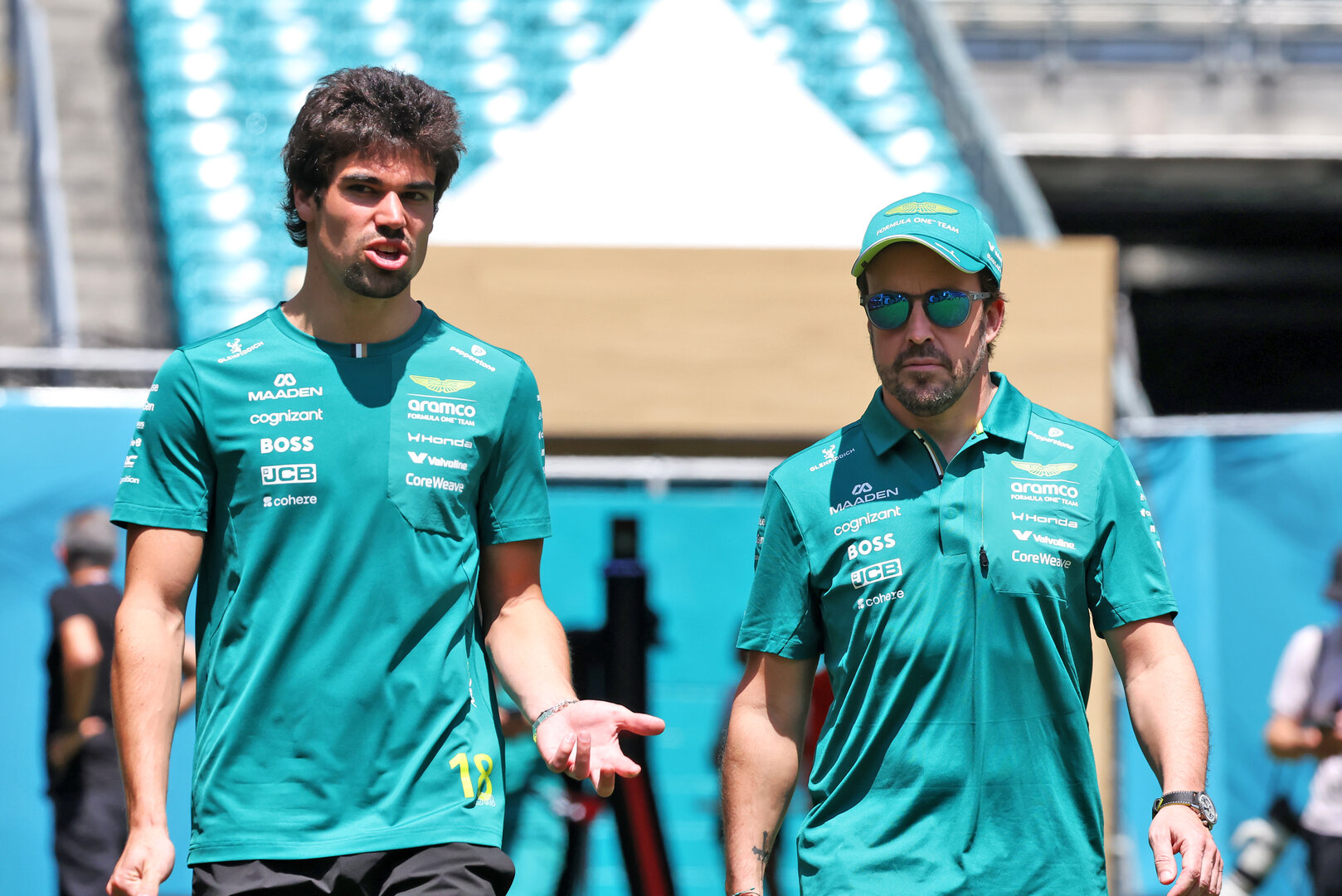 GP MIAMI, (L to R): Lance Stroll (CDN) Aston Martin F1 Team with team mate Fernando Alonso (ESP) Aston Martin F1 Team.
30.04.2026. Formula 1 World Championship, Rd 4, Miami Grand Prix, Miami, Florida, USA, Preparation Day.
- www.xpbimages.com, EMail: requests@xpbimages.com © Copyright: Dunbar / XPB Images