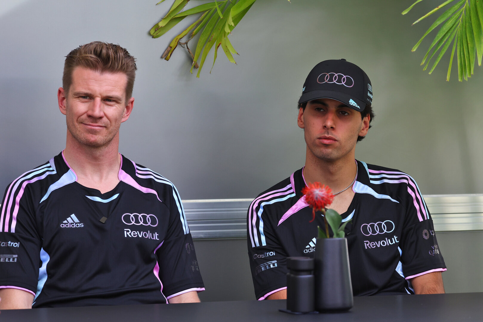 GP MIAMI, (L to R): Nico Hulkenberg (GER) Audi F1 Team with Gabriel Bortoleto (BRA) Audi F1 Team.
30.04.2026. Formula 1 World Championship, Rd 4, Miami Grand Prix, Miami, Florida, USA, Preparation Day.
- www.xpbimages.com, EMail: requests@xpbimages.com © Copyright: Patching / XPB Images