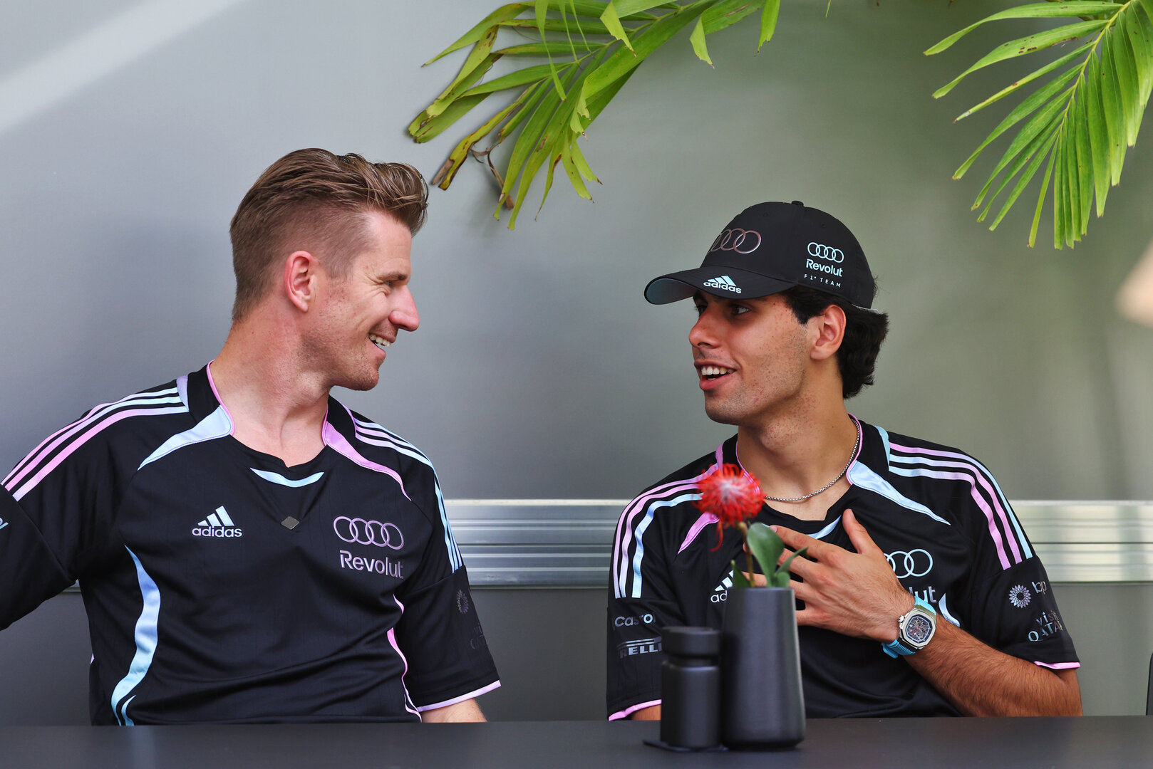 GP MIAMI, (L to R): Nico Hulkenberg (GER) Audi F1 Team with Gabriel Bortoleto (BRA) Audi F1 Team.
30.04.2026. Formula 1 World Championship, Rd 4, Miami Grand Prix, Miami, Florida, USA, Preparation Day.
- www.xpbimages.com, EMail: requests@xpbimages.com © Copyright: Patching / XPB Images