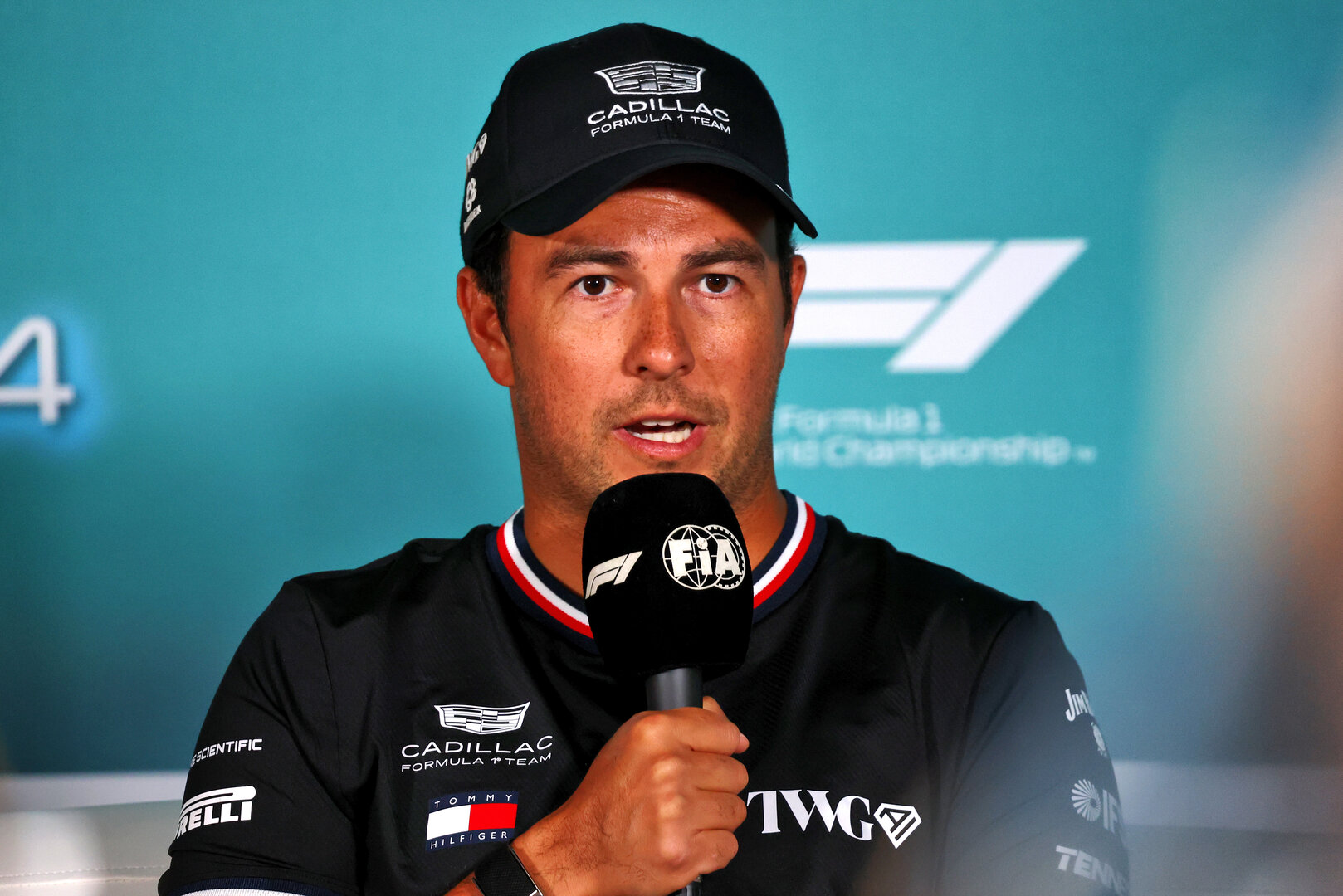 GP MIAMI, Sergio Perez (MEX) Cadillac Formula 1 Team in the FIA Press Conference.
30.04.2026. Formula 1 World Championship, Rd 4, Miami Grand Prix, Miami, Florida, USA, Preparation Day.
- www.xpbimages.com, EMail: requests@xpbimages.com © Copyright: Bearne / XPB Images