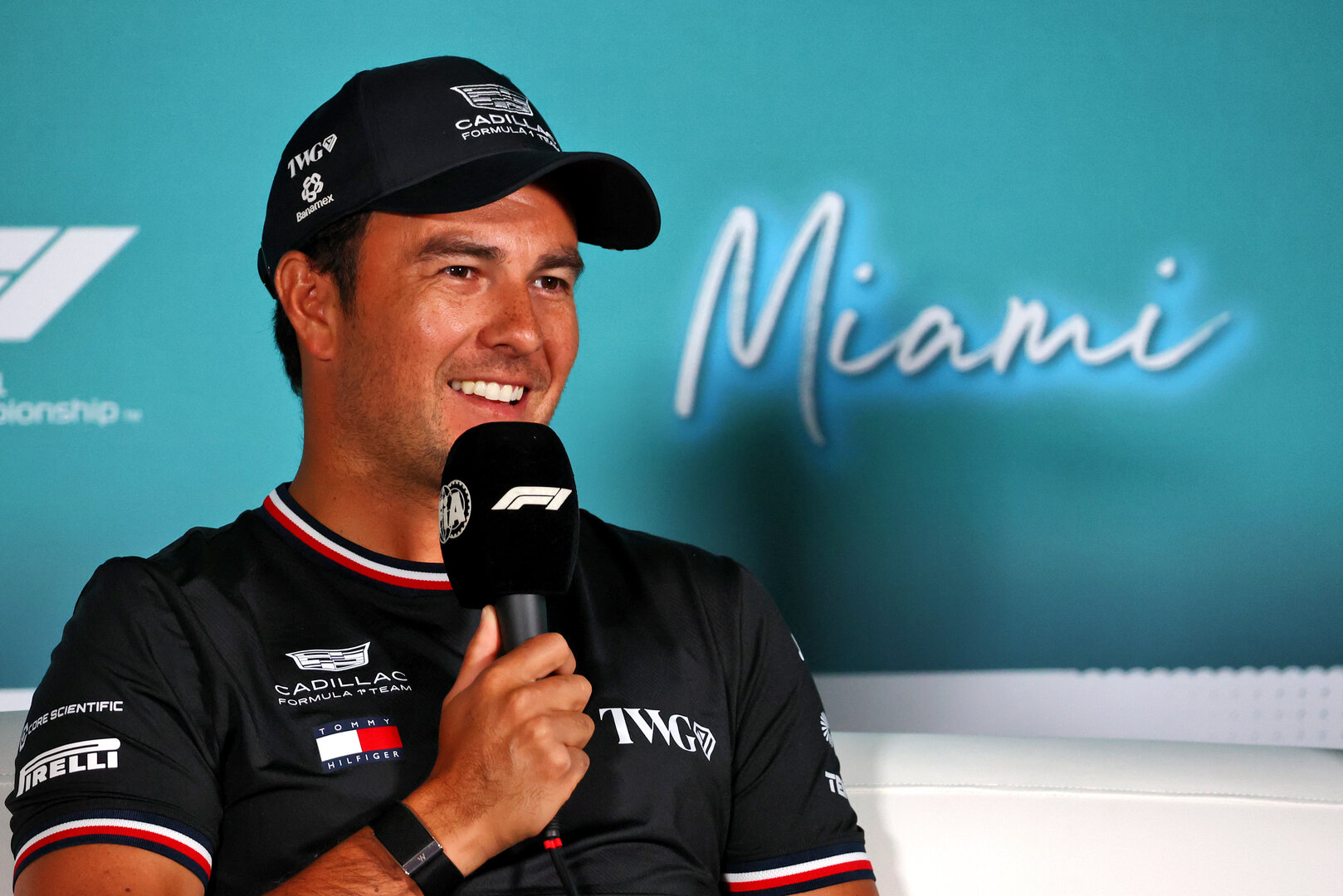 GP MIAMI, Sergio Perez (MEX) Cadillac Formula 1 Team in the FIA Press Conference.
30.04.2026. Formula 1 World Championship, Rd 4, Miami Grand Prix, Miami, Florida, USA, Preparation Day.
- www.xpbimages.com, EMail: requests@xpbimages.com © Copyright: Bearne / XPB Images