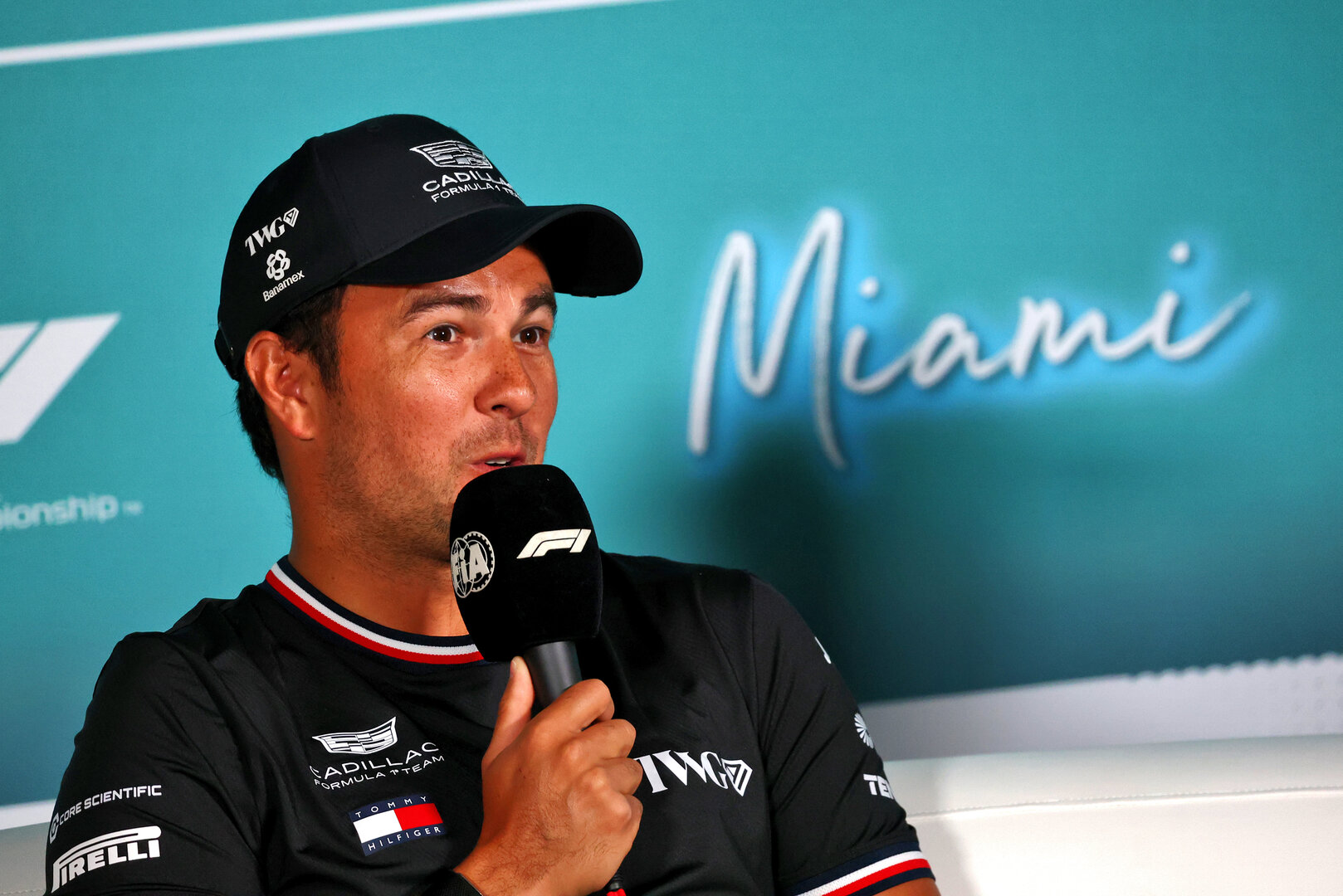 GP MIAMI, Sergio Perez (MEX) Cadillac Formula 1 Team in the FIA Press Conference.
30.04.2026. Formula 1 World Championship, Rd 4, Miami Grand Prix, Miami, Florida, USA, Preparation Day.
- www.xpbimages.com, EMail: requests@xpbimages.com © Copyright: Bearne / XPB Images