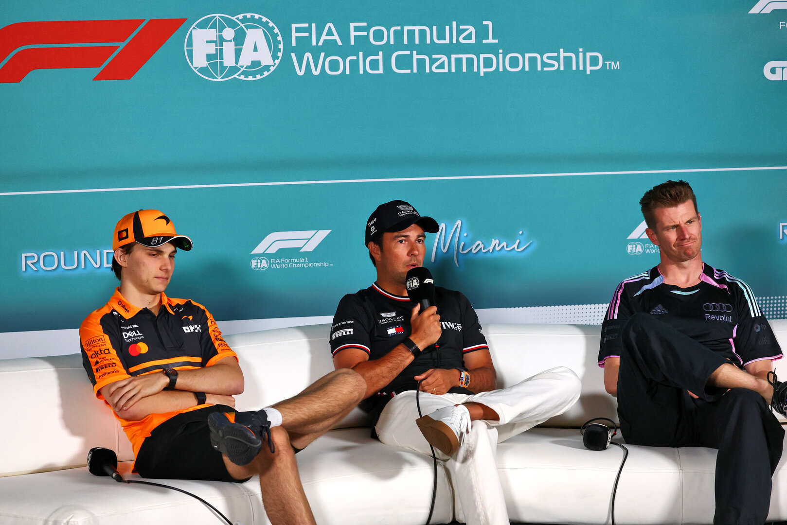 GP MIAMI, (L to R): Oscar Piastri (AUS) McLaren F1 Team; Sergio Perez (MEX) Cadillac Formula 1 Team; e Nico Hulkenberg (GER) Audi F1 Team, in the FIA Press Conference.
30.04.2026. Formula 1 World Championship, Rd 4, Miami Grand Prix, Miami, Florida, USA, Preparation Day.
- www.xpbimages.com, EMail: requests@xpbimages.com © Copyright: Bearne / XPB Images