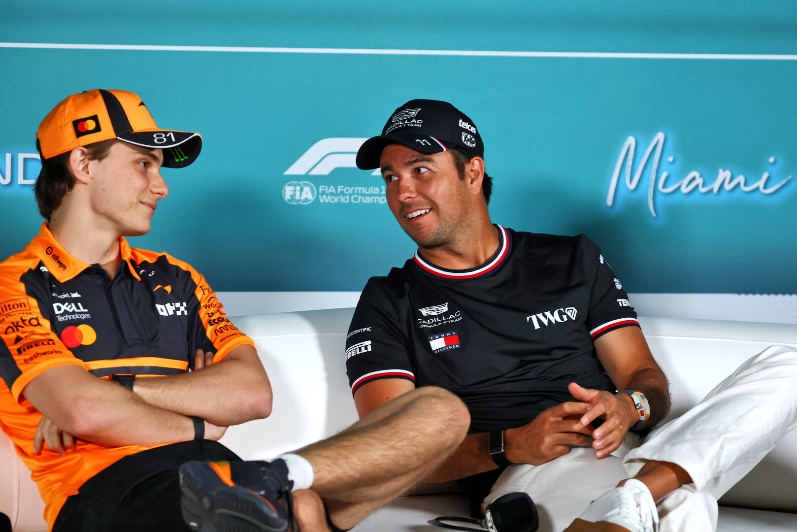 GP MIAMI, (L to R): Oscar Piastri (AUS) McLaren F1 Team; e Sergio Perez (MEX) Cadillac Formula 1 Team, in the FIA Press Conference.
30.04.2026. Formula 1 World Championship, Rd 4, Miami Grand Prix, Miami, Florida, USA, Preparation Day.
- www.xpbimages.com, EMail: requests@xpbimages.com © Copyright: Bearne / XPB Images