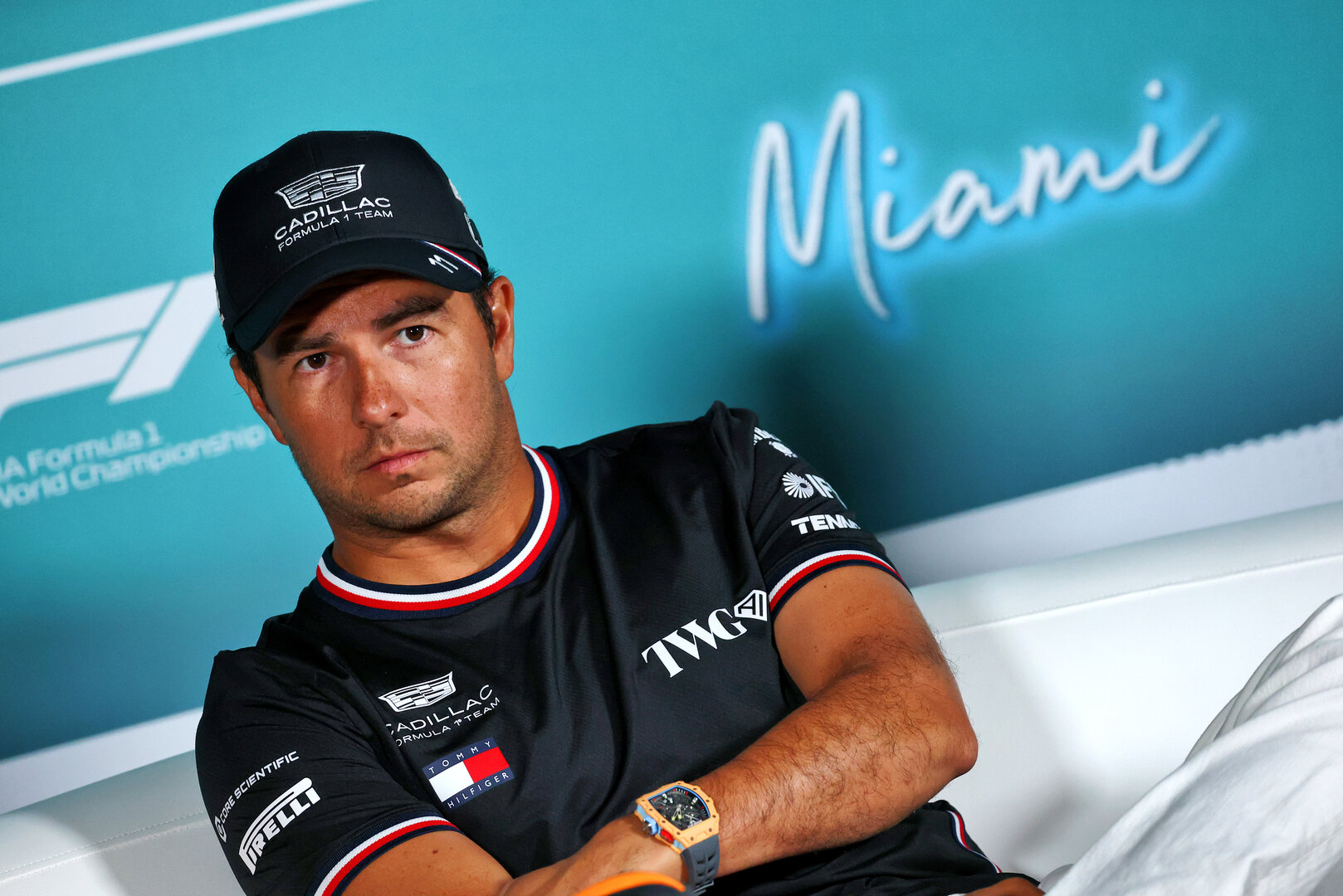 GP MIAMI, Sergio Perez (MEX) Cadillac Formula 1 Team in the FIA Press Conference.
30.04.2026. Formula 1 World Championship, Rd 4, Miami Grand Prix, Miami, Florida, USA, Preparation Day.
- www.xpbimages.com, EMail: requests@xpbimages.com © Copyright: Bearne / XPB Images