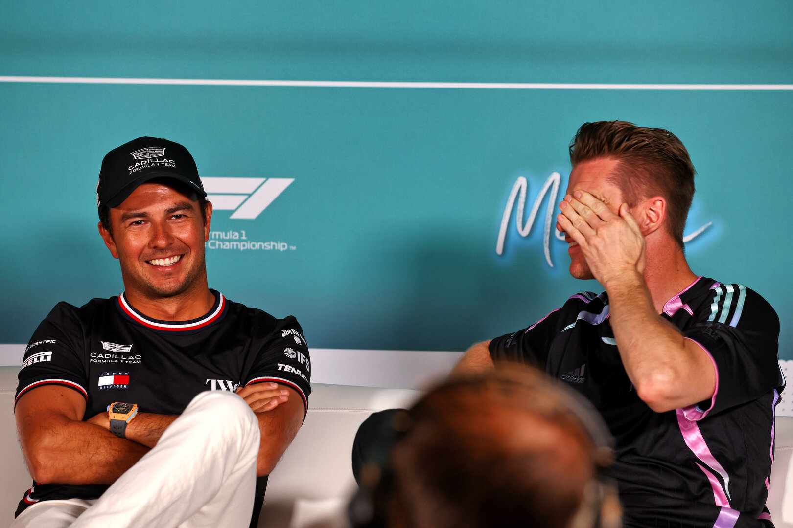 GP MIAMI, (L to R): Sergio Perez (MEX) Cadillac Formula 1 Team e Nico Hulkenberg (GER) Audi F1 Team in the FIA Press Conference.
30.04.2026. Formula 1 World Championship, Rd 4, Miami Grand Prix, Miami, Florida, USA, Preparation Day.
- www.xpbimages.com, EMail: requests@xpbimages.com © Copyright: Patching / XPB Images