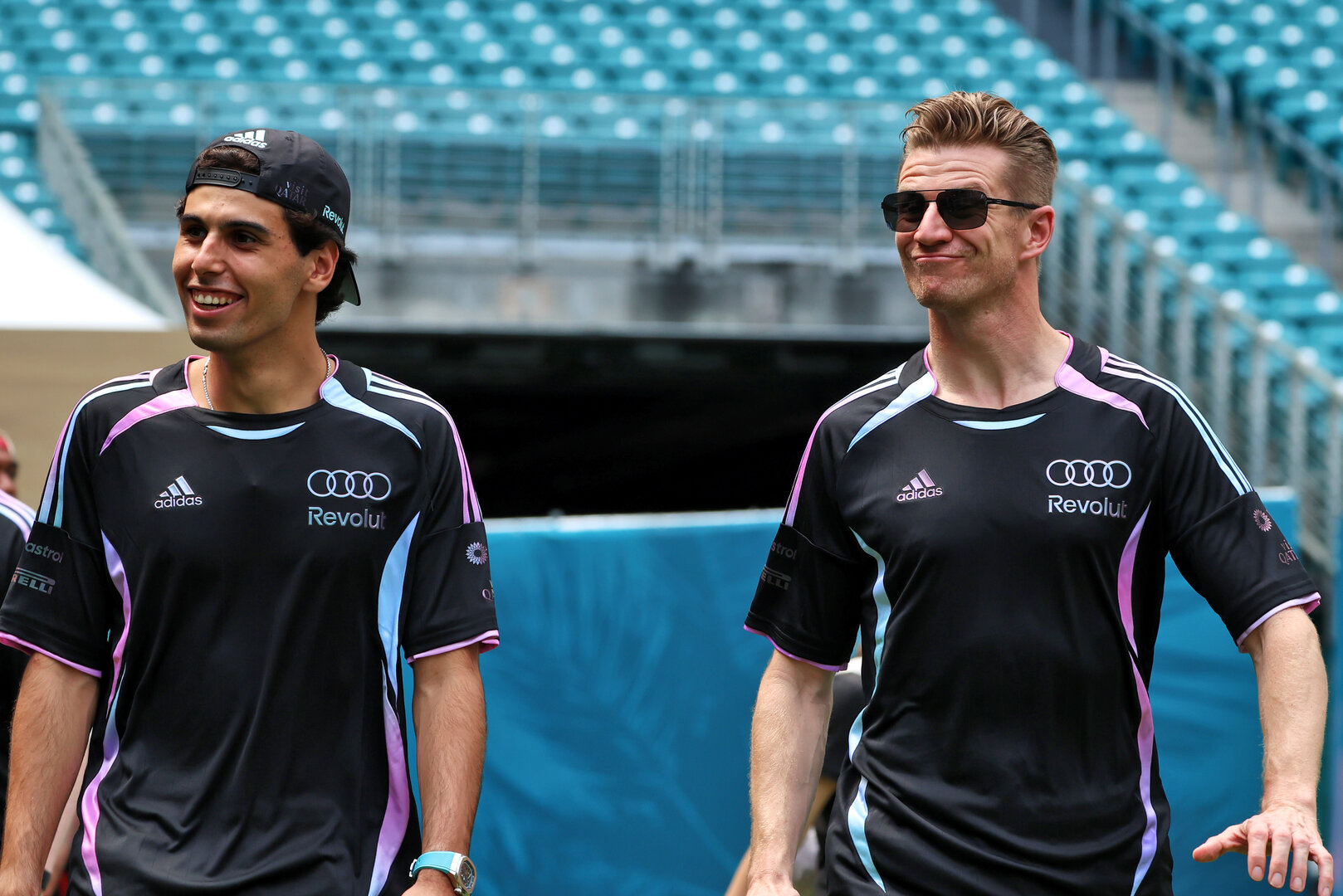 GP MIAMI, (L to R): Gabriel Bortoleto (BRA) Audi F1 Team with team mate Nico Hulkenberg (GER) Audi F1 Team.
30.04.2026. Formula 1 World Championship, Rd 4, Miami Grand Prix, Miami, Florida, USA, Preparation Day.
 - www.xpbimages.com, EMail: requests@xpbimages.com © Copyright: Rew / XPB Images