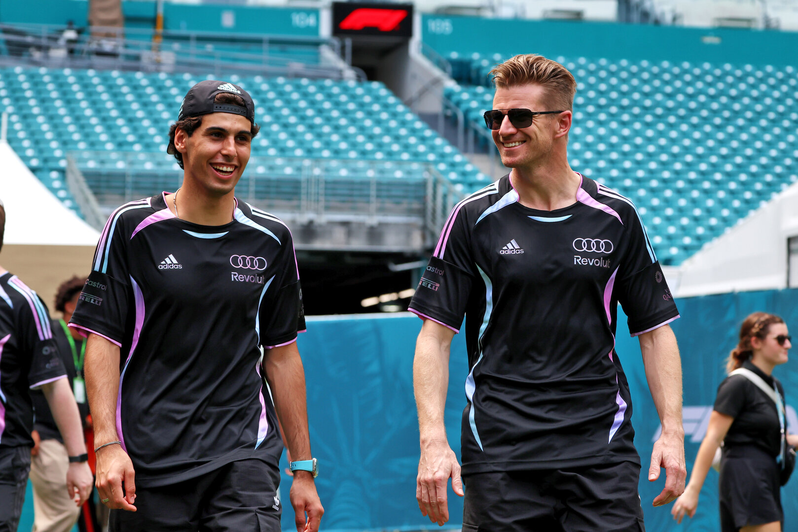 GP MIAMI, (L to R): Gabriel Bortoleto (BRA) Audi F1 Team with team mate Nico Hulkenberg (GER) Audi F1 Team.
30.04.2026. Formula 1 World Championship, Rd 4, Miami Grand Prix, Miami, Florida, USA, Preparation Day.
 - www.xpbimages.com, EMail: requests@xpbimages.com © Copyright: Rew / XPB Images