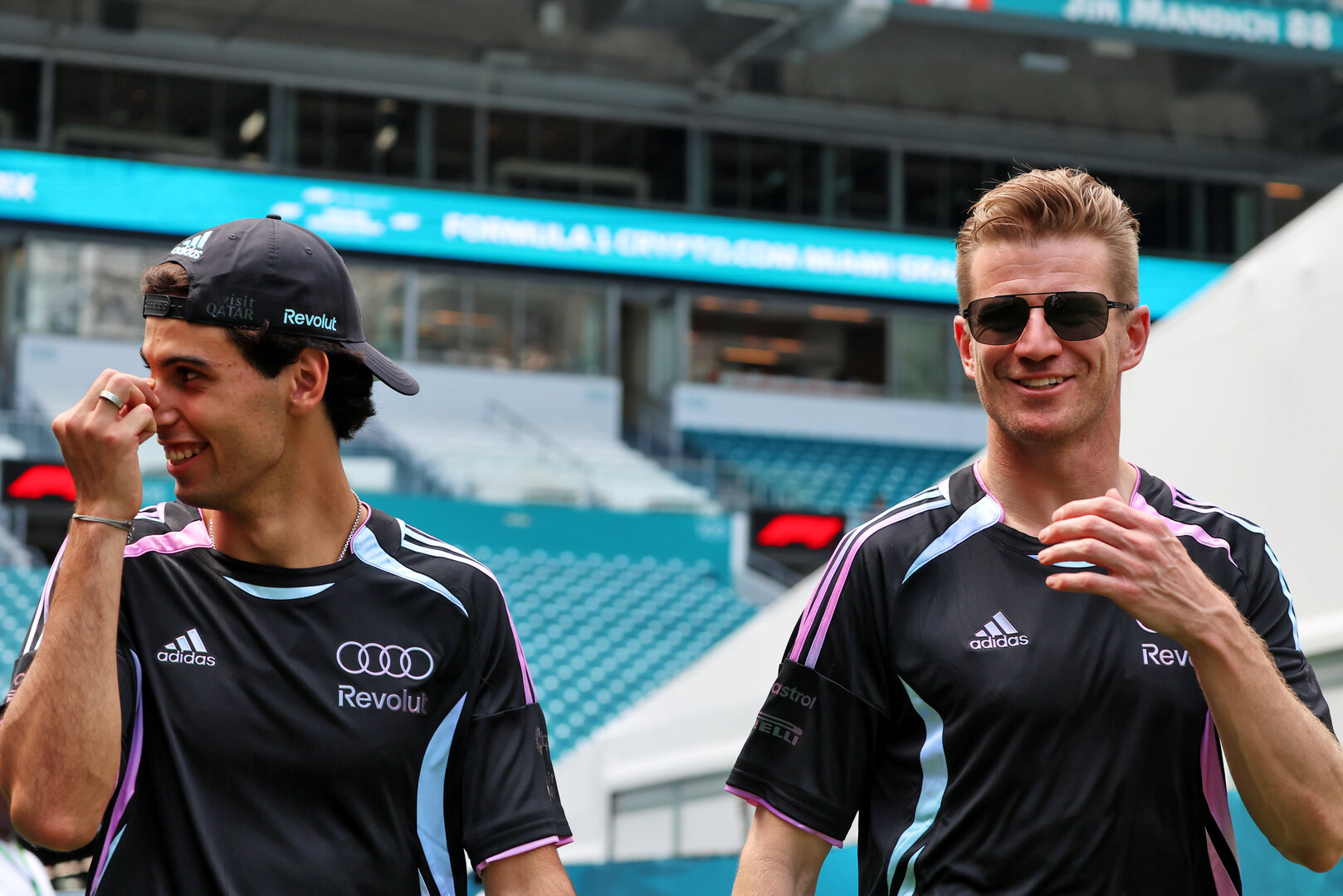 GP MIAMI, (L to R): Gabriel Bortoleto (BRA) Audi F1 Team with team mate Nico Hulkenberg (GER) Audi F1 Team.
30.04.2026. Formula 1 World Championship, Rd 4, Miami Grand Prix, Miami, Florida, USA, Preparation Day.
 - www.xpbimages.com, EMail: requests@xpbimages.com © Copyright: Rew / XPB Images