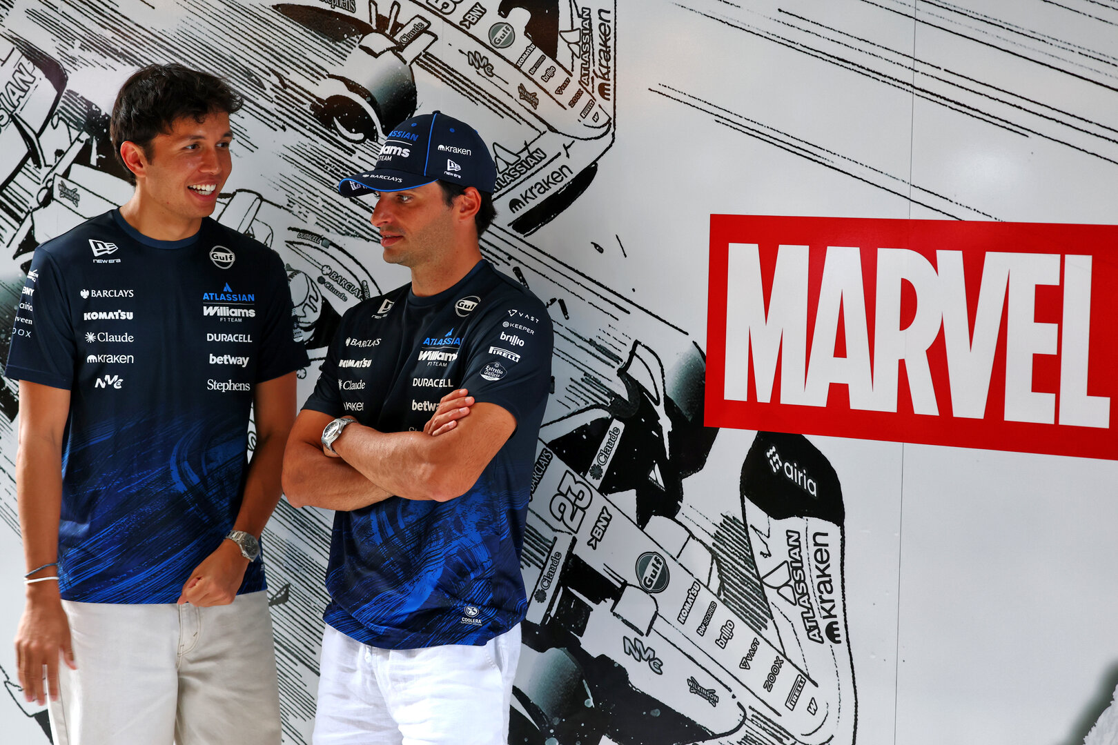 GP MIAMI, (L to R): Alexander Albon (THA) Williams F1 Team with Carlos Sainz (ESP) Williams F1 Team - Marvel branding.
30.04.2026. Formula 1 World Championship, Rd 4, Miami Grand Prix, Miami, Florida, USA, Preparation Day.
- www.xpbimages.com, EMail: requests@xpbimages.com © Copyright: Bearne / XPB Images