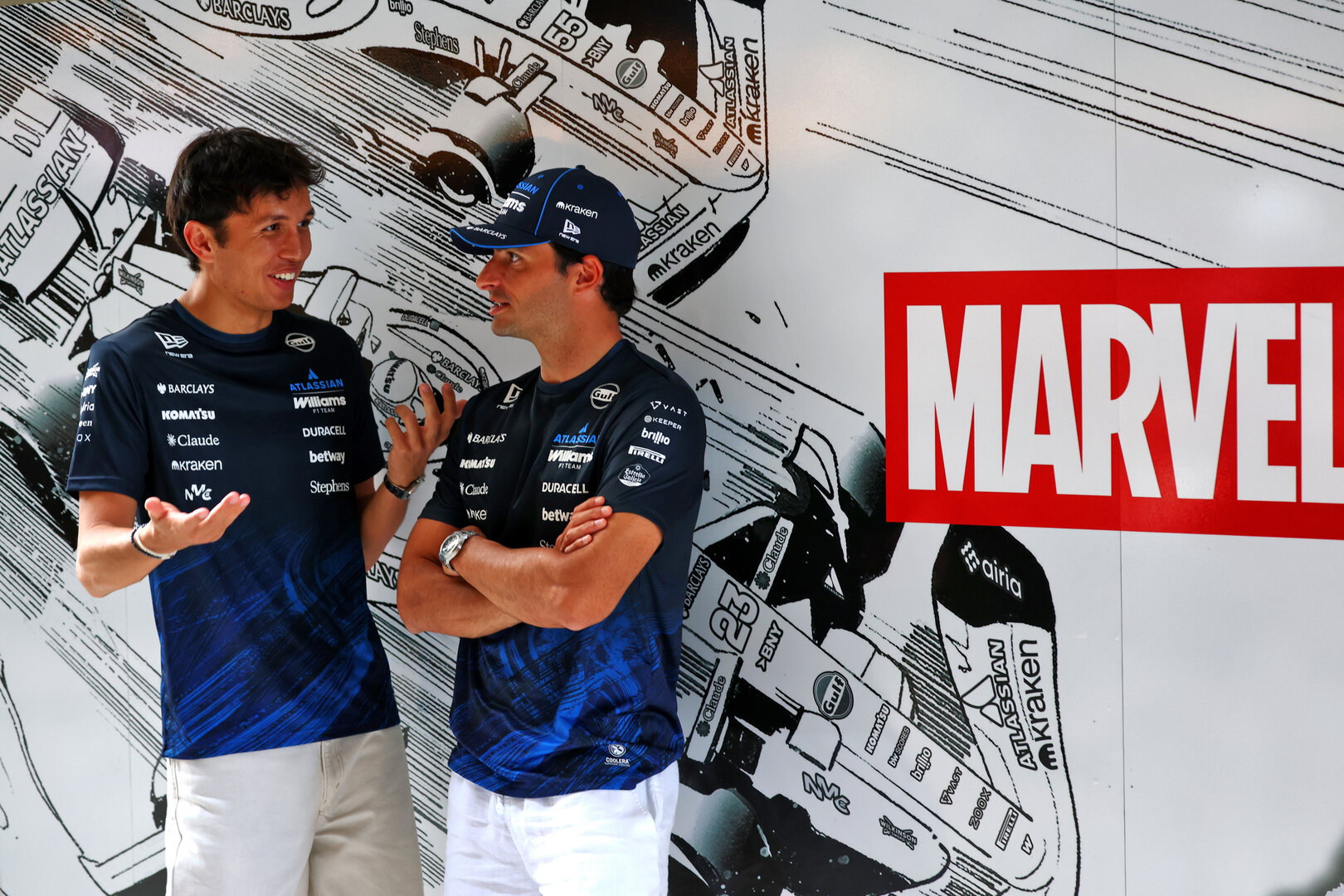 GP MIAMI, (L to R): Alexander Albon (THA) Williams F1 Team with Carlos Sainz (ESP) Williams F1 Team - Marvel branding.
30.04.2026. Formula 1 World Championship, Rd 4, Miami Grand Prix, Miami, Florida, USA, Preparation Day.
- www.xpbimages.com, EMail: requests@xpbimages.com © Copyright: Bearne / XPB Images