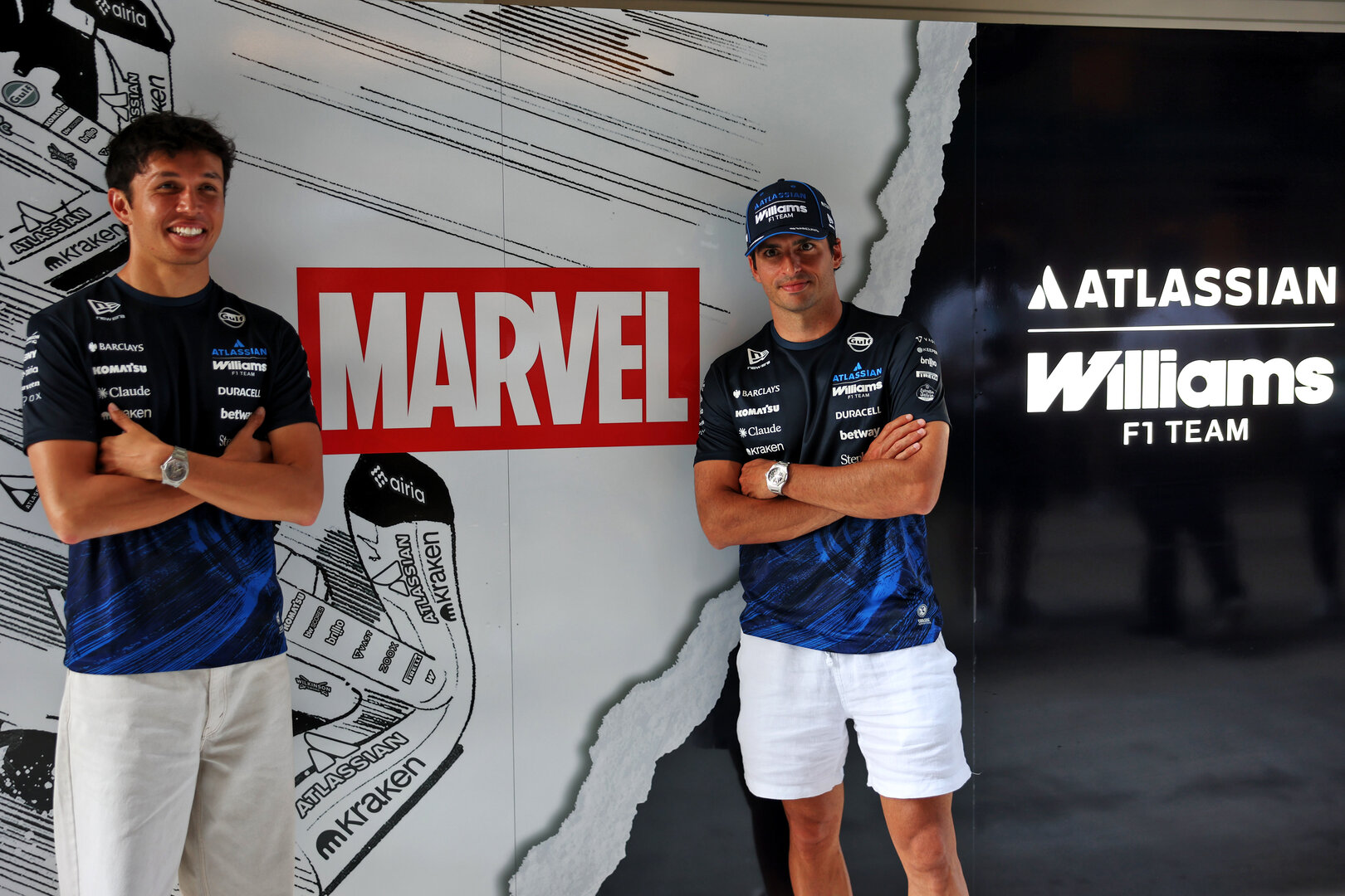 GP MIAMI, (L to R): Alexander Albon (THA) Williams F1 Team with Carlos Sainz (ESP) Williams F1 Team - Marvel branding.
30.04.2026. Formula 1 World Championship, Rd 4, Miami Grand Prix, Miami, Florida, USA, Preparation Day.
- www.xpbimages.com, EMail: requests@xpbimages.com © Copyright: Bearne / XPB Images