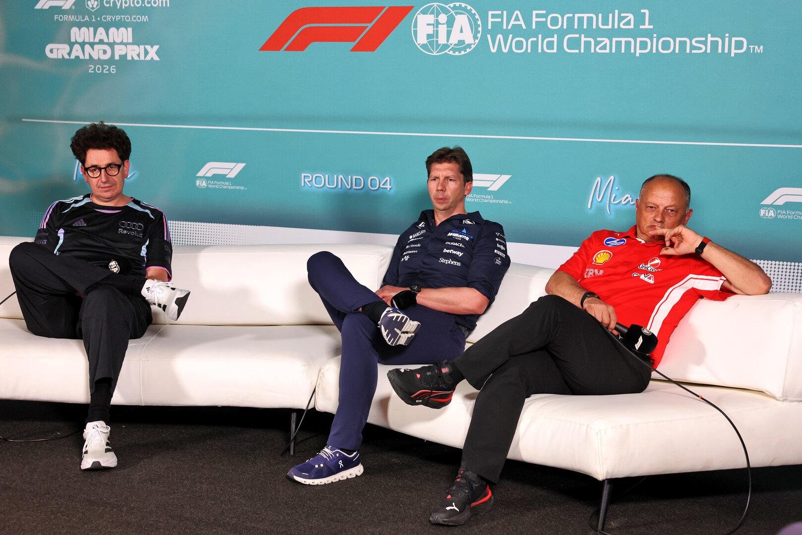 GP MIAMI, (L to R): Mattia Binotto (ITA) Audi F1 Team Motorsport Chief Operating e Chief Technical Officer; James Vowles (GBR) Williams F1 Team, Team Principal; e Frederic Vasseur (FRA) Ferrari Team Principal, in the FIA Press Conference.
01.05.2026. Formula 1 World Championship, Rd 4, Miami Grand Prix, Miami, Florida, USA, Sprint Qualifiche Day.
- www.xpbimages.com, EMail: requests@xpbimages.com © Copyright: Bearne / XPB Images