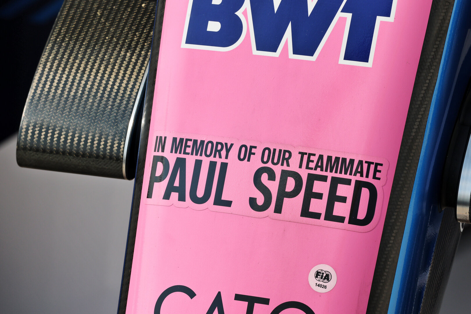 GP MIAMI, Alpine F1 Team A526 nosecone pays tribute to colleague Paul Speed.
02.05.2026. Formula 1 World Championship, Rd 4, Miami Grand Prix, Miami, Florida, USA, Sprint e Qualifiche Day.
- www.xpbimages.com, EMail: requests@xpbimages.com © Copyright: Batchelor / XPB Images