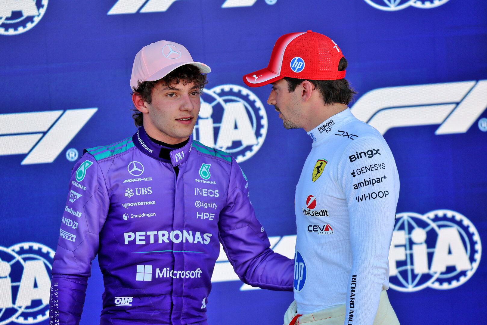 GP MIAMI, (L to R): Pole sitter Andrea Kimi Antonelli (ITA) Mercedes AMG Formula One Team with Charles Leclerc (MON) Ferrari in qualifying parc ferme.
02.05.2026. Formula 1 World Championship, Rd 4, Miami Grand Prix, Miami, Florida, USA, Sprint e Qualifiche Day.
- www.xpbimages.com, EMail: requests@xpbimages.com © Copyright: Batchelor / XPB Images