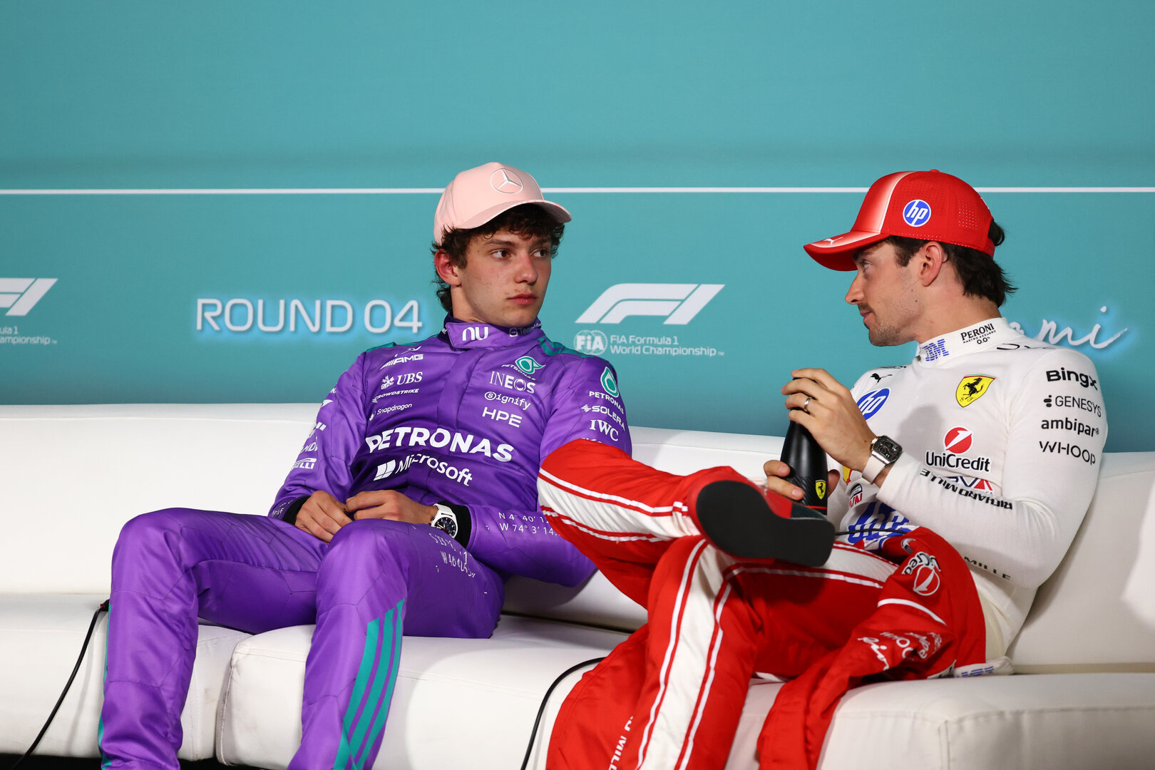 GP MIAMI, (L to R): Andrea Kimi Antonelli (ITA) Mercedes AMG Formula One Team; e Charles Leclerc (MON) Ferrari, in the post qualifying FIA Press Conference.
02.05.2026. Formula 1 World Championship, Rd 4, Miami Grand Prix, Miami, Florida, USA, Sprint e Qualifiche Day.
- www.xpbimages.com, EMail: requests@xpbimages.com © Copyright: Bearne / XPB Images