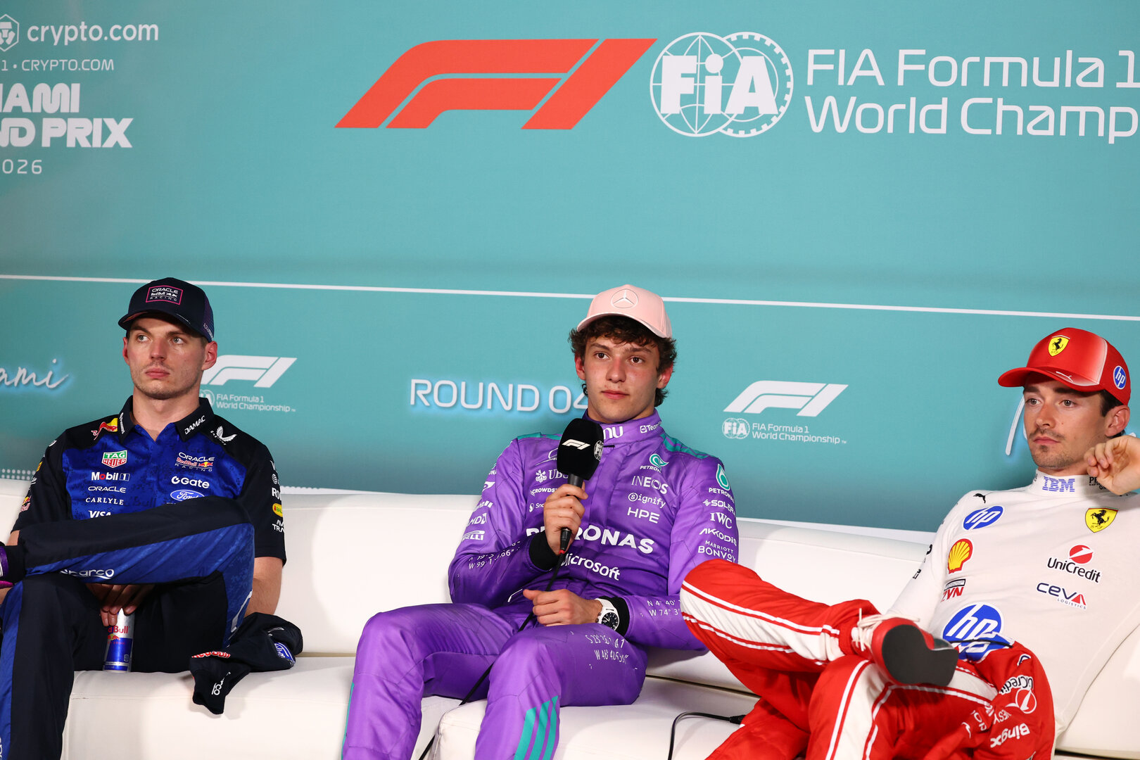 GP MIAMI, (L to R): Max Verstappen (NLD) Red Bull Racing; Andrea Kimi Antonelli (ITA) Mercedes AMG Formula One Team; e Charles Leclerc (MON) Ferrari, in the post qualifying FIA Press Conference.
02.05.2026. Formula 1 World Championship, Rd 4, Miami Grand Prix, Miami, Florida, USA, Sprint e Qualifiche Day.
- www.xpbimages.com, EMail: requests@xpbimages.com © Copyright: Bearne / XPB Images