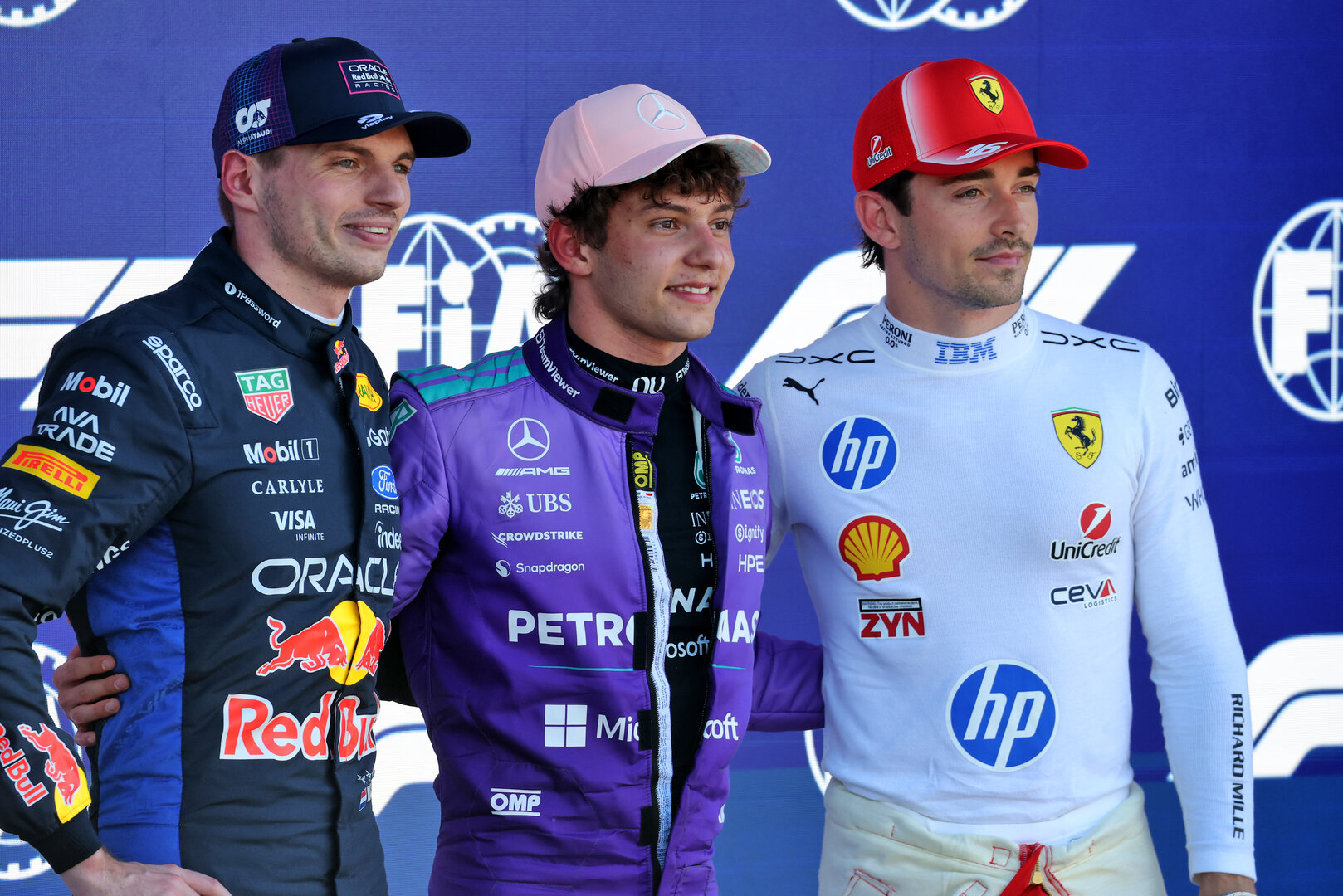 GP MIAMI, Qualifiche top three in parc ferme (L to R): Max Verstappen (NLD) Red Bull Racing, second; Andrea Kimi Antonelli (ITA) Mercedes AMG Formula One Team, pole position; Charles Leclerc (MON) Ferrari, third. 
02.05.2026. Formula 1 World Championship, Rd 4, Miami Grand Prix, Miami, Florida, USA, Sprint e Qualifiche Day.
 - www.xpbimages.com, EMail: requests@xpbimages.com © Copyright: Coates / XPB Images