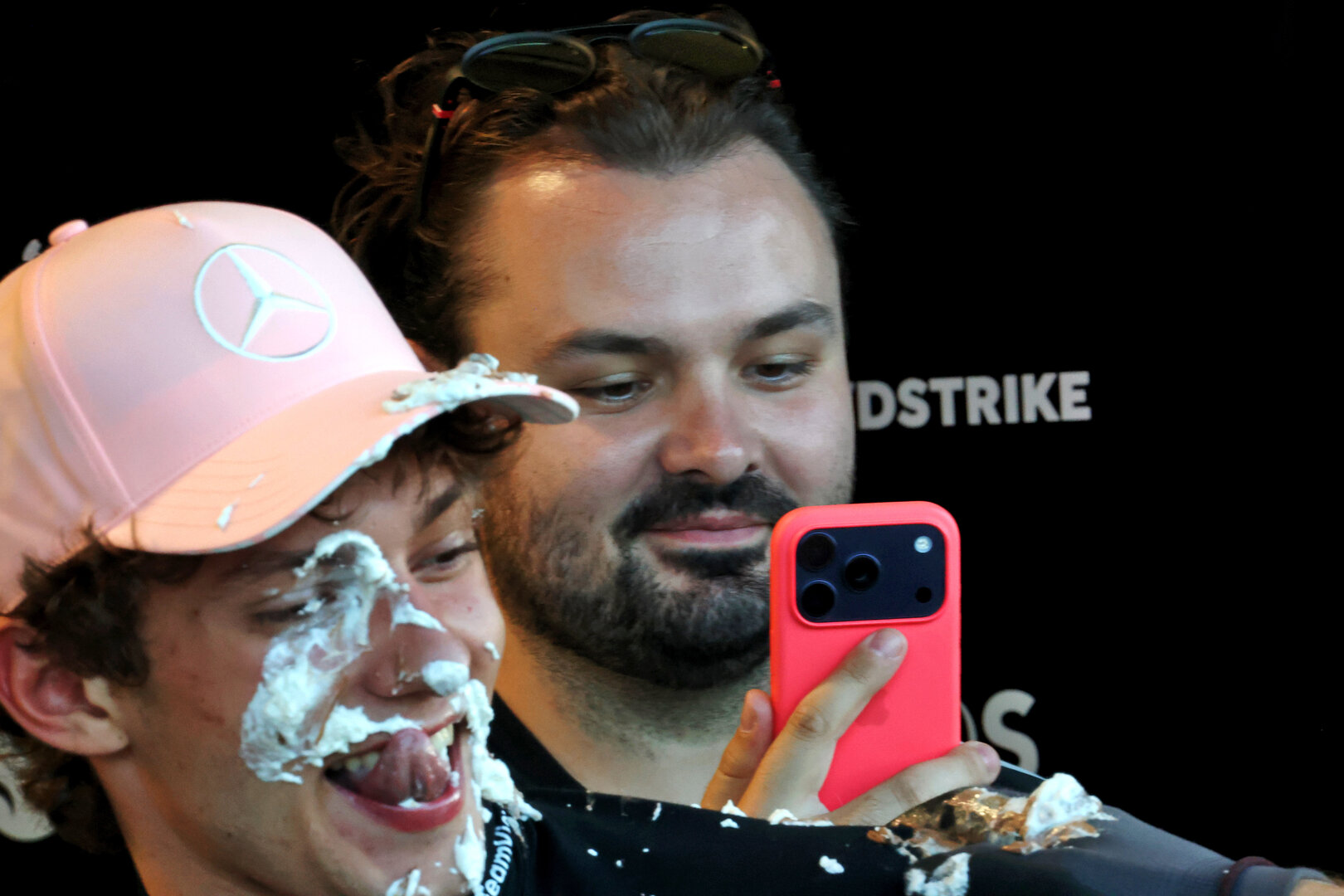GP MIAMI, Andrea Kimi Antonelli (ITA) Mercedes AMG Formula One Team ends up with cake on his face after celebrating a meccanici' birthday.
02.05.2026. Formula 1 World Championship, Rd 4, Miami Grand Prix, Miami, Florida, USA, Sprint e Qualifiche Day.
 - www.xpbimages.com, EMail: requests@xpbimages.com © Copyright: Coates / XPB Images