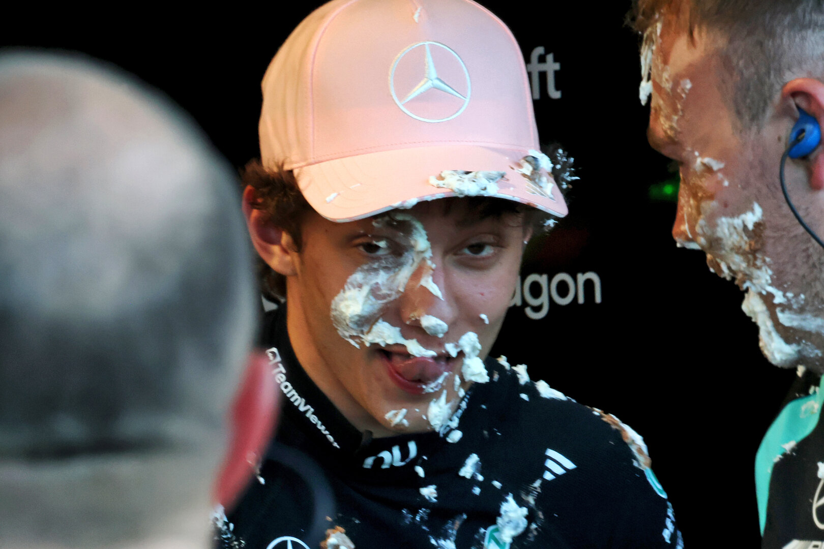 GP MIAMI, Andrea Kimi Antonelli (ITA) Mercedes AMG Formula One Team ends up with cake on his face after celebrating a meccanici' birthday.
02.05.2026. Formula 1 World Championship, Rd 4, Miami Grand Prix, Miami, Florida, USA, Sprint e Qualifiche Day.
 - www.xpbimages.com, EMail: requests@xpbimages.com © Copyright: Coates / XPB Images