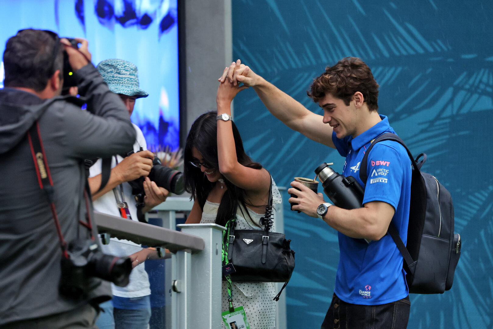 GP MIAMI, Franco Colapinto (ARG) Alpine F1 Team with Domenica Maia Reficco (USA) / (ARG) Actress e Singer.
03.05.2026. Formula 1 World Championship, Rd 4, Miami Grand Prix, Miami, Florida, USA, Gara Day.
 - www.xpbimages.com, EMail: requests@xpbimages.com © Copyright: Rew / XPB Images