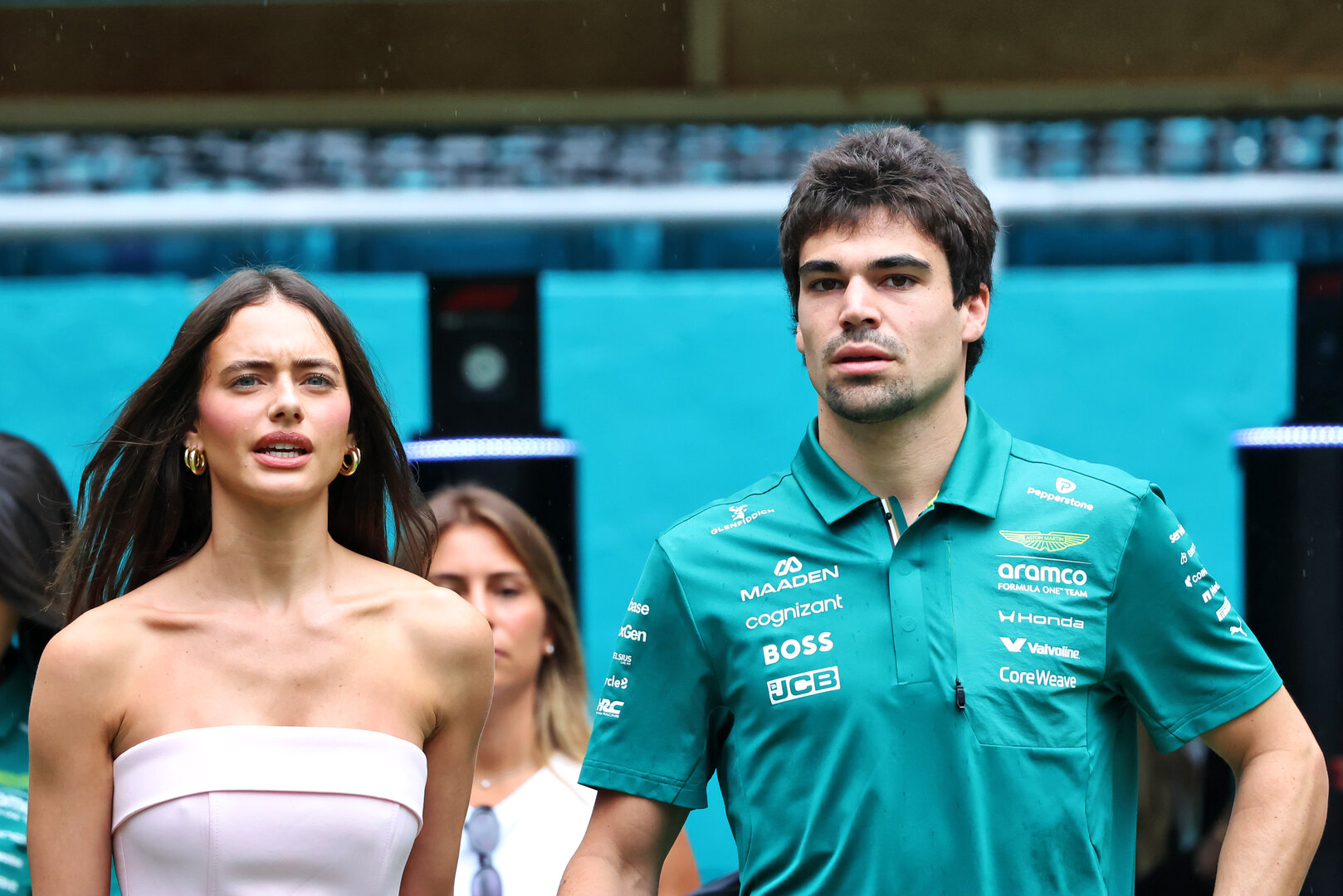 GP MIAMI, (L to R): Yael Shelbia (ISR) Model e Actress with Lance Stroll (CDN) Aston Martin F1 Team.
03.05.2026. Formula 1 World Championship, Rd 4, Miami Grand Prix, Miami, Florida, USA, Gara Day.
 - www.xpbimages.com, EMail: requests@xpbimages.com © Copyright: Rew / XPB Images