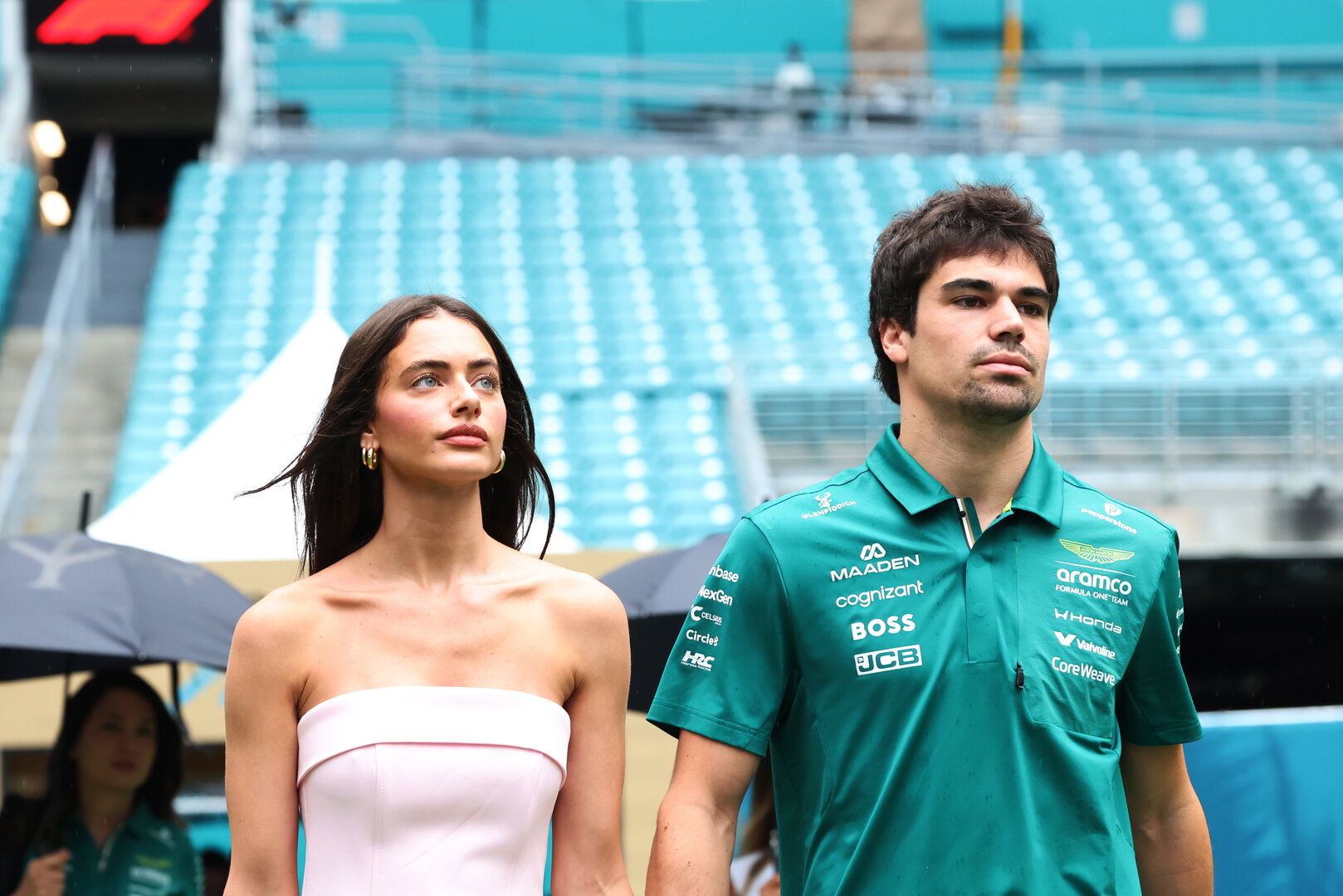 GP MIAMI, (L to R): Yael Shelbia (ISR) Model e Actress with Lance Stroll (CDN) Aston Martin F1 Team.
03.05.2026. Formula 1 World Championship, Rd 4, Miami Grand Prix, Miami, Florida, USA, Gara Day.
 - www.xpbimages.com, EMail: requests@xpbimages.com © Copyright: Rew / XPB Images