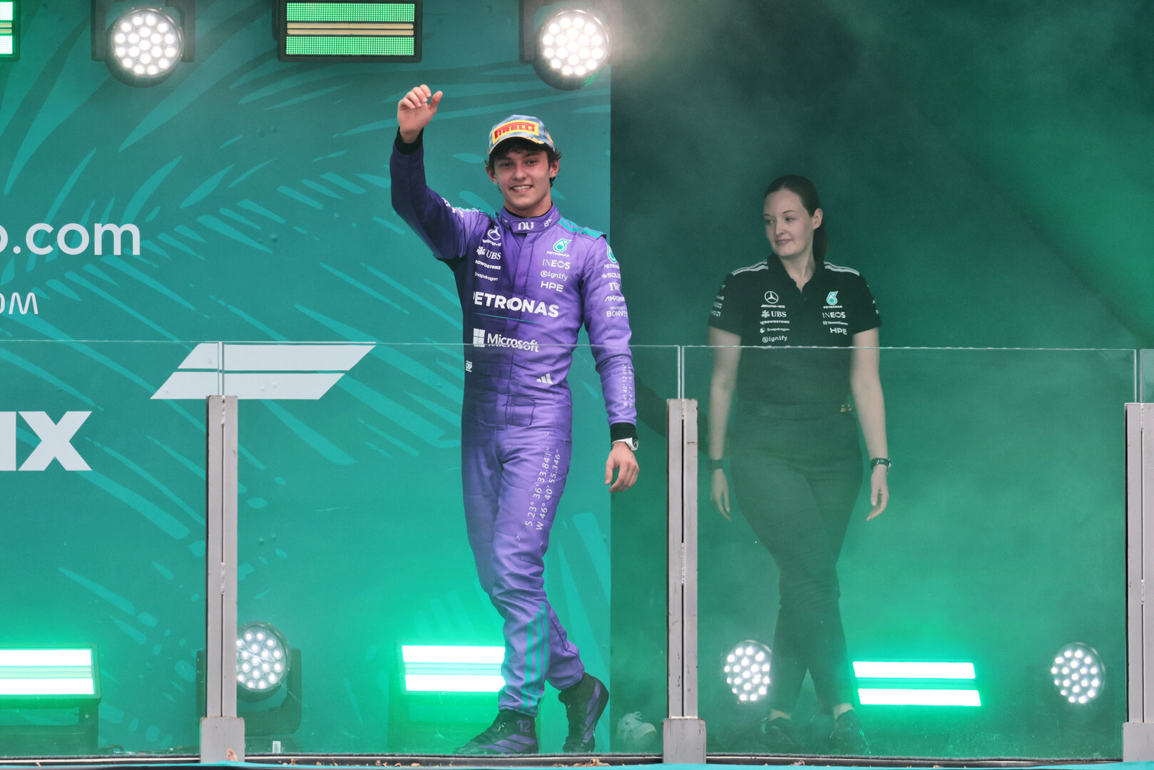 GP MIAMI, Gara winner Andrea Kimi Antonelli (ITA) Mercedes AMG Formula One Team celebrates on the podium..
03.05.2026. Formula 1 World Championship, Rd 4, Miami Grand Prix, Miami, Florida, USA, Gara Day.
- www.xpbimages.com, EMail: requests@xpbimages.com © Copyright: Moy / XPB Images
