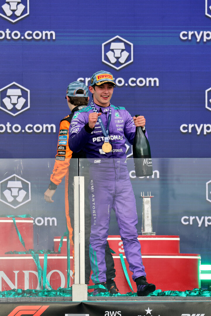 GP MIAMI, Gara winner Andrea Kimi Antonelli (ITA) Mercedes AMG Formula One Team celebrates on the podium..
03.05.2026. Formula 1 World Championship, Rd 4, Miami Grand Prix, Miami, Florida, USA, Gara Day.
- www.xpbimages.com, EMail: requests@xpbimages.com © Copyright: Moy / XPB Images