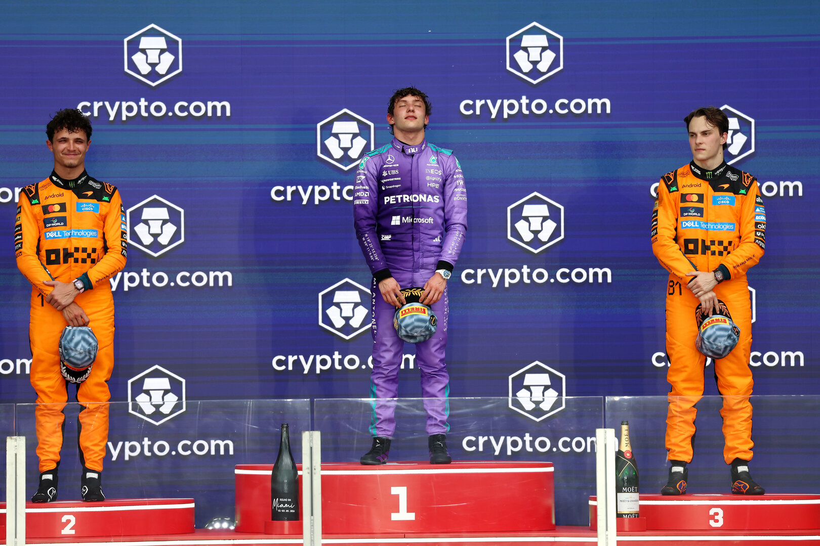 GP MIAMI, The podium (L to R): Lando Norris (GBR) McLaren F1 Team, second; Andrea Kimi Antonelli (ITA) Mercedes AMG Formula One Team, vincitore; Oscar Piastri (AUS) McLaren F1 Team, third.
03.05.2026. Formula 1 World Championship, Rd 4, Miami Grand Prix, Miami, Florida, USA, Gara Day.
 - www.xpbimages.com, EMail: requests@xpbimages.com © Copyright: Rew / XPB Images