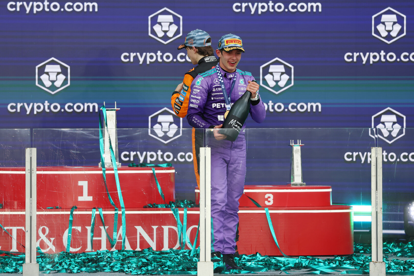 GP MIAMI, Gara winner Andrea Kimi Antonelli (ITA) Mercedes AMG Formula One Team celebrates on the podium.
03.05.2026. Formula 1 World Championship, Rd 4, Miami Grand Prix, Miami, Florida, USA, Gara Day.
 - www.xpbimages.com, EMail: requests@xpbimages.com © Copyright: Rew / XPB Images