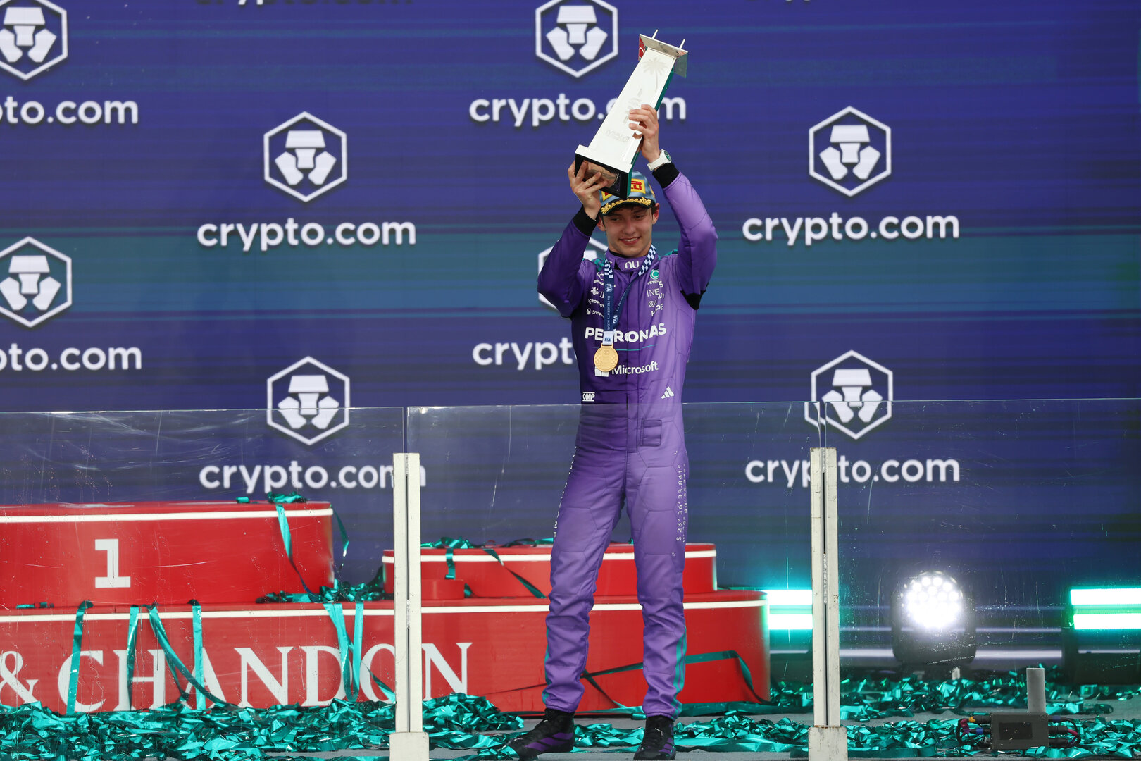 GP MIAMI, Gara winner Andrea Kimi Antonelli (ITA) Mercedes AMG Formula One Team celebrates on the podium.
03.05.2026. Formula 1 World Championship, Rd 4, Miami Grand Prix, Miami, Florida, USA, Gara Day.
- www.xpbimages.com, EMail: requests@xpbimages.com © Copyright: Rew / XPB Images