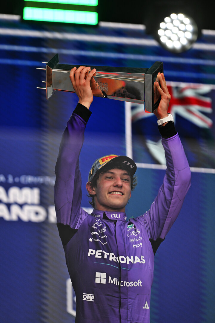 GP MIAMI, Gara winner Andrea Kimi Antonelli (ITA) Mercedes AMG Formula One Team celebrates on the podium.
03.05.2026. Formula 1 World Championship, Rd 4, Miami Grand Prix, Miami, Florida, USA, Gara Day.
- www.xpbimages.com, EMail: requests@xpbimages.com © Copyright: Price / XPB Images