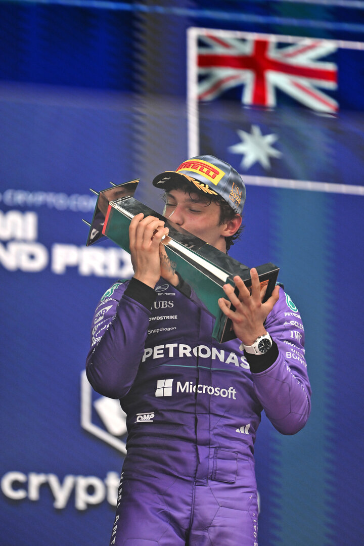 GP MIAMI, Gara winner Andrea Kimi Antonelli (ITA) Mercedes AMG Formula One Team celebrates on the podium.
03.05.2026. Formula 1 World Championship, Rd 4, Miami Grand Prix, Miami, Florida, USA, Gara Day.
- www.xpbimages.com, EMail: requests@xpbimages.com © Copyright: Price / XPB Images