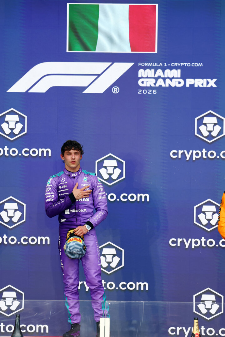 GP MIAMI, Gara winner Andrea Kimi Antonelli (ITA) Mercedes AMG Formula One Team celebrates on the podium.
03.05.2026. Formula 1 World Championship, Rd 4, Miami Grand Prix, Miami, Florida, USA, Gara Day.
- www.xpbimages.com, EMail: requests@xpbimages.com © Copyright: Patching / XPB Images