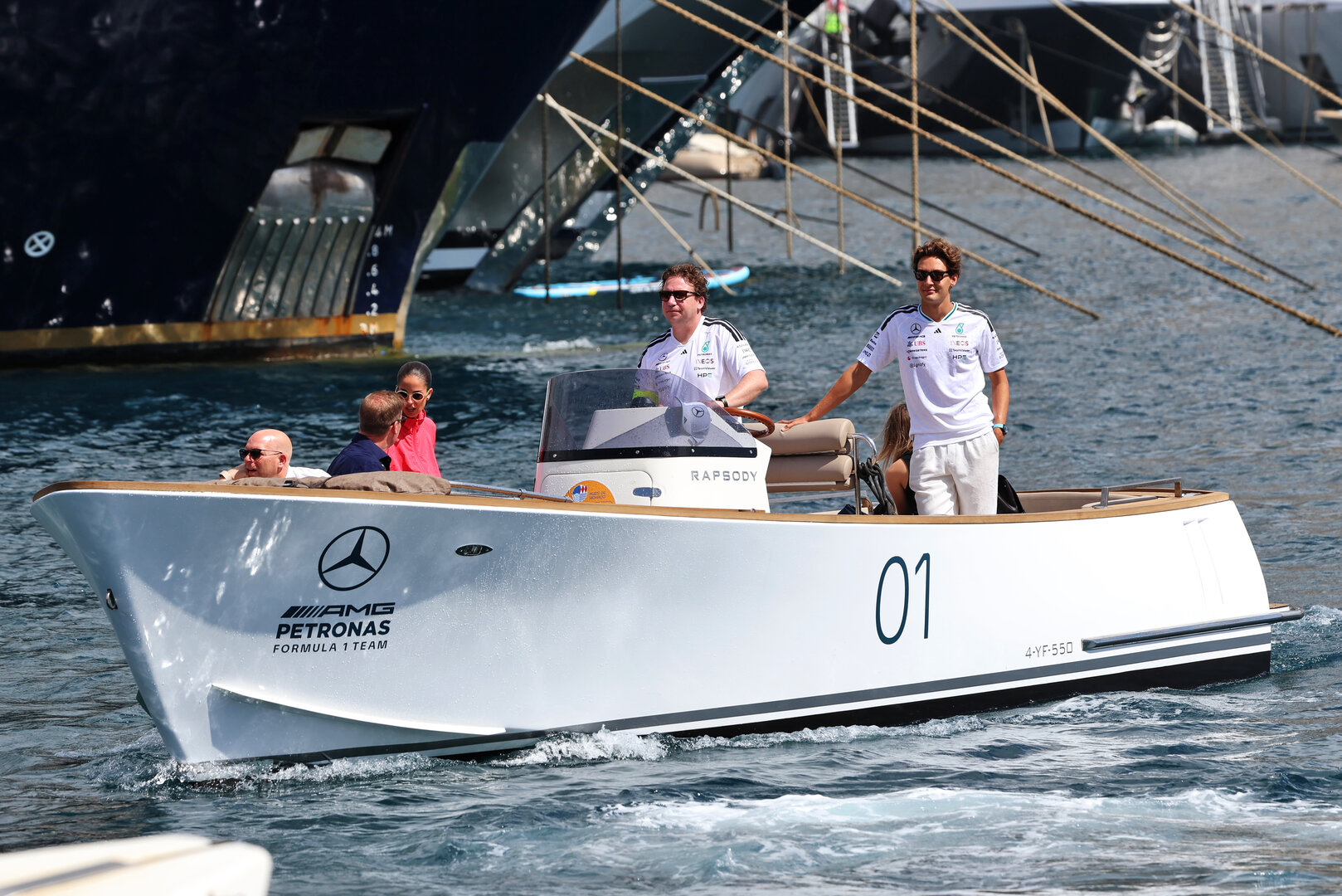 GP MONACO, George Russell (GBR) Mercedes AMG Formula One Team on a boat in the Monaco Harbour.
04.06.2026. Formula 1 World Championship, Rd 6, Monaco Grand Prix, Monte Carlo, Monaco, Preparation Day.
- www.xpbimages.com, EMail: requests@xpbimages.com © Copyright: Rew / XPB Images