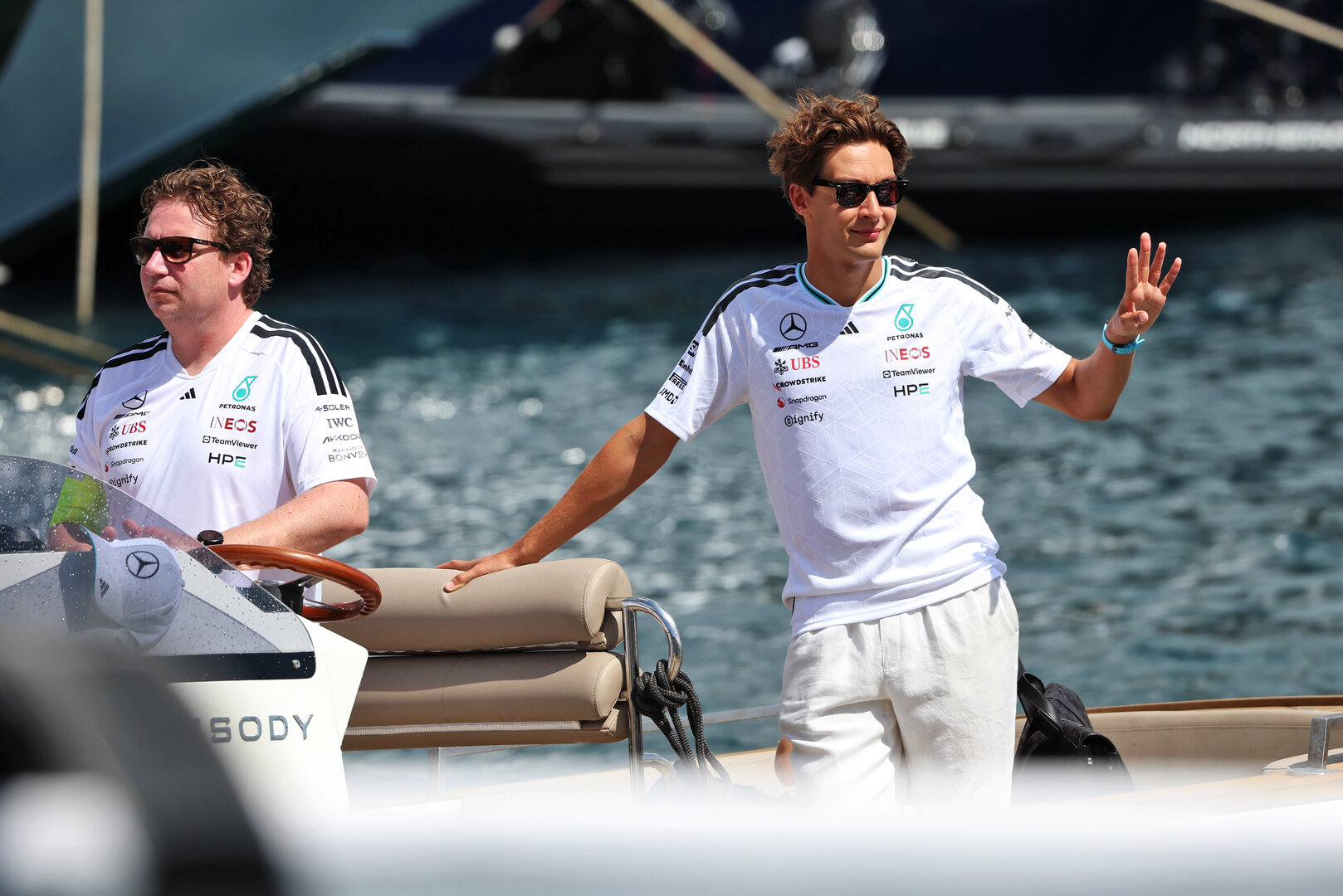 GP MONACO, George Russell (GBR) Mercedes AMG Formula One Team on a boat in the Monaco Harbour.
04.06.2026. Formula 1 World Championship, Rd 6, Monaco Grand Prix, Monte Carlo, Monaco, Preparation Day.
- www.xpbimages.com, EMail: requests@xpbimages.com © Copyright: Rew / XPB Images