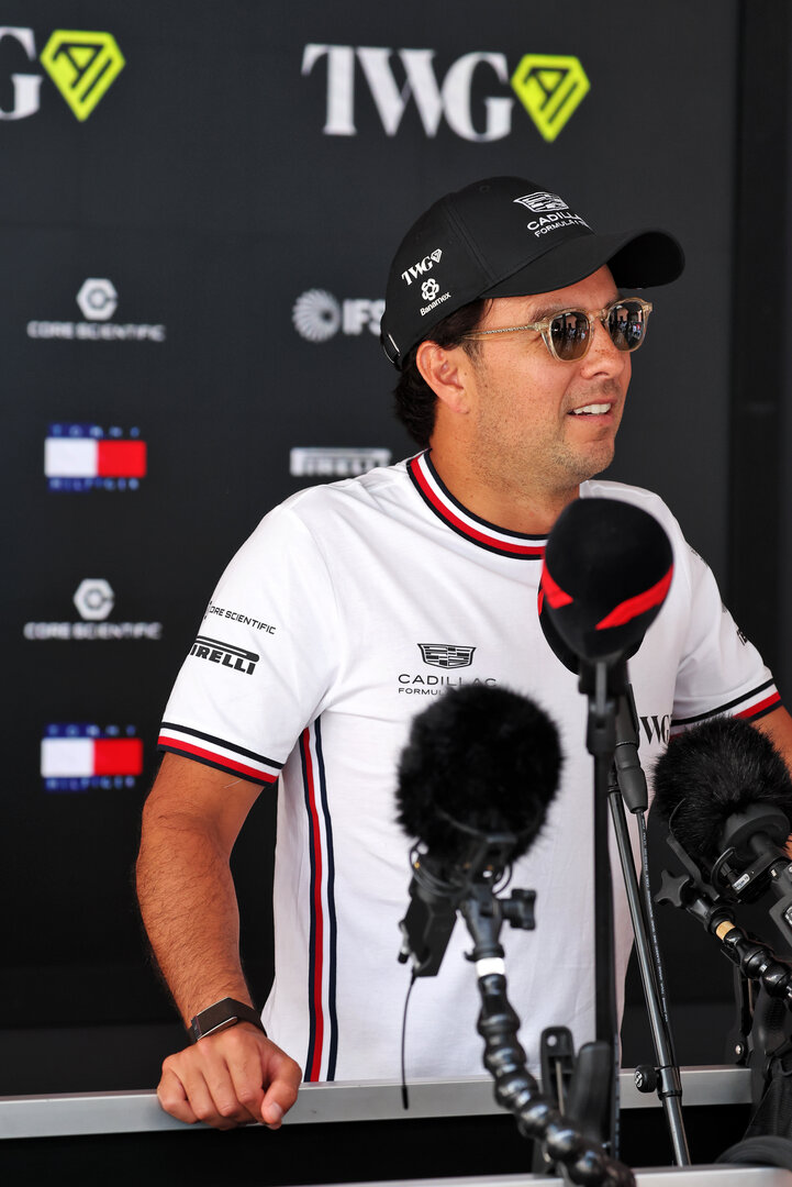 GP MONACO, Sergio Perez (MEX) Cadillac Formula 1 Team with the media.
04.06.2026. Formula 1 World Championship, Rd 6, Monaco Grand Prix, Monte Carlo, Monaco, Preparation Day.
- www.xpbimages.com, EMail: requests@xpbimages.com © Copyright: Bearne / XPB Images