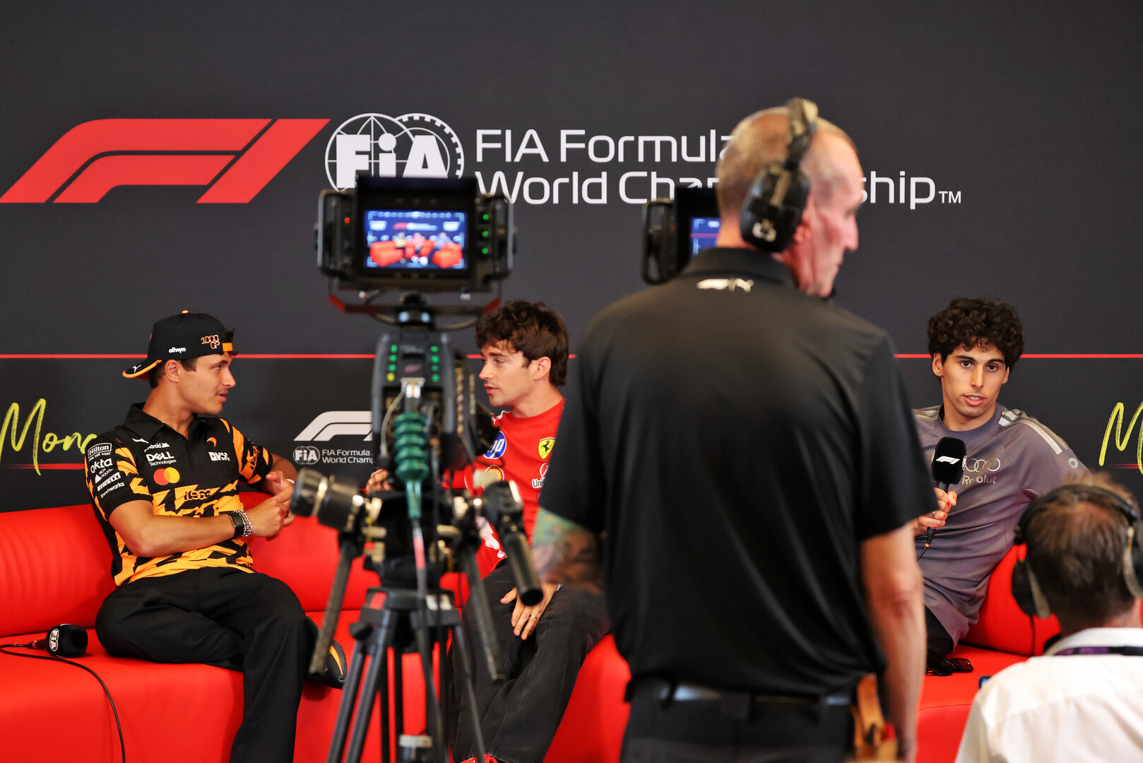 GP MONACO, (L to R): Lando Norris (GBR) McLaren F1 Team; Charles Leclerc (MON) Ferrari; e Gabriel Bortoleto (BRA) Audi F1 Team, in the FIA Press Conference.
04.06.2026. Formula 1 World Championship, Rd 6, Monaco Grand Prix, Monte Carlo, Monaco, Preparation Day.
- www.xpbimages.com, EMail: requests@xpbimages.com © Copyright: Rew / XPB Images