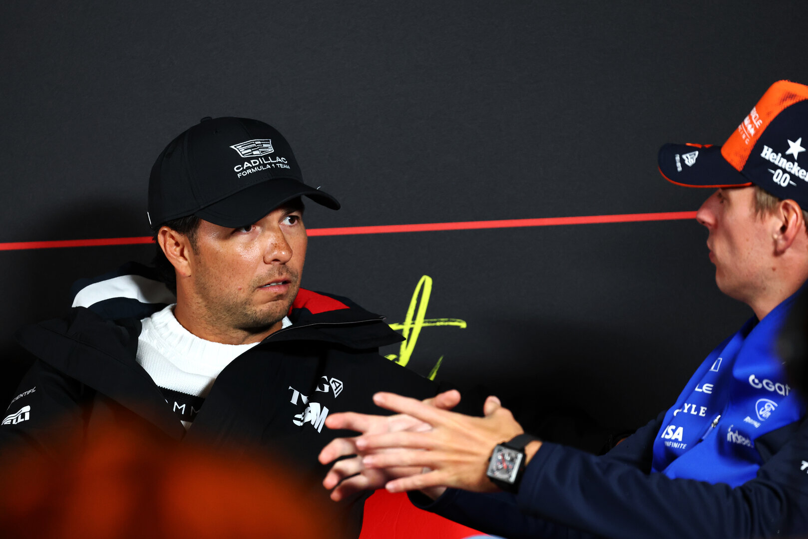GP OLANDA, (L to R): Sergio Perez (MEX) Cadillac Formula 1 Team with Max Verstappen (NLD) Red Bull Racing in the FIA Press Conference.
20.08.2026. Formula 1 World Championship, Rd 12, Dutch Grand Prix, Zandvoort, Netherlands, Preparation Day.
- www.xpbimages.com, EMail: requests@xpbimages.com © Copyright: Bearne / XPB Images