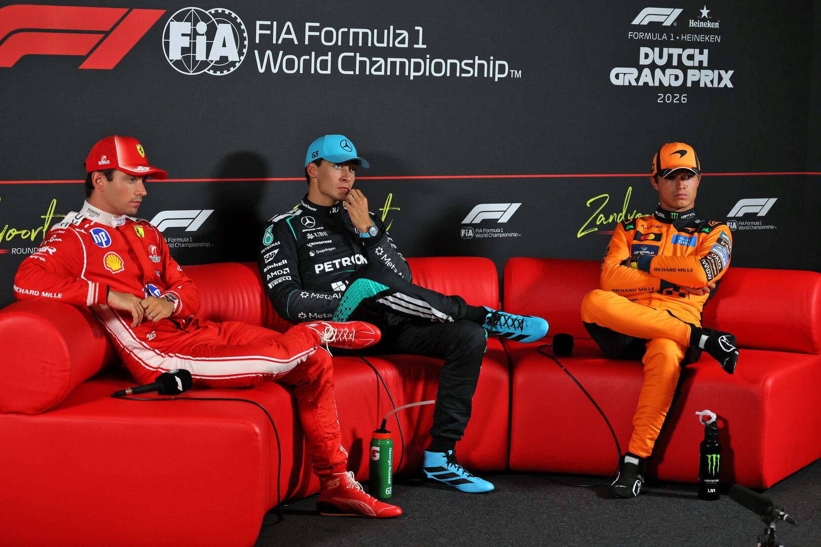 GP OLANDA, (L to R): Charles Leclerc (MON) Ferrari; George Russell (GBR) Mercedes AMG Formula One Team; e Lando Norris (GBR) McLaren F1 Team, in the post Sprint FIA Press Conference.
22.08.2026. Formula 1 World Championship, Rd 12, Dutch Grand Prix, Zandvoort, Netherlands, Sprint e Qualifiche Day.
- www.xpbimages.com, EMail: requests@xpbimages.com © Copyright: Moy / XPB Images